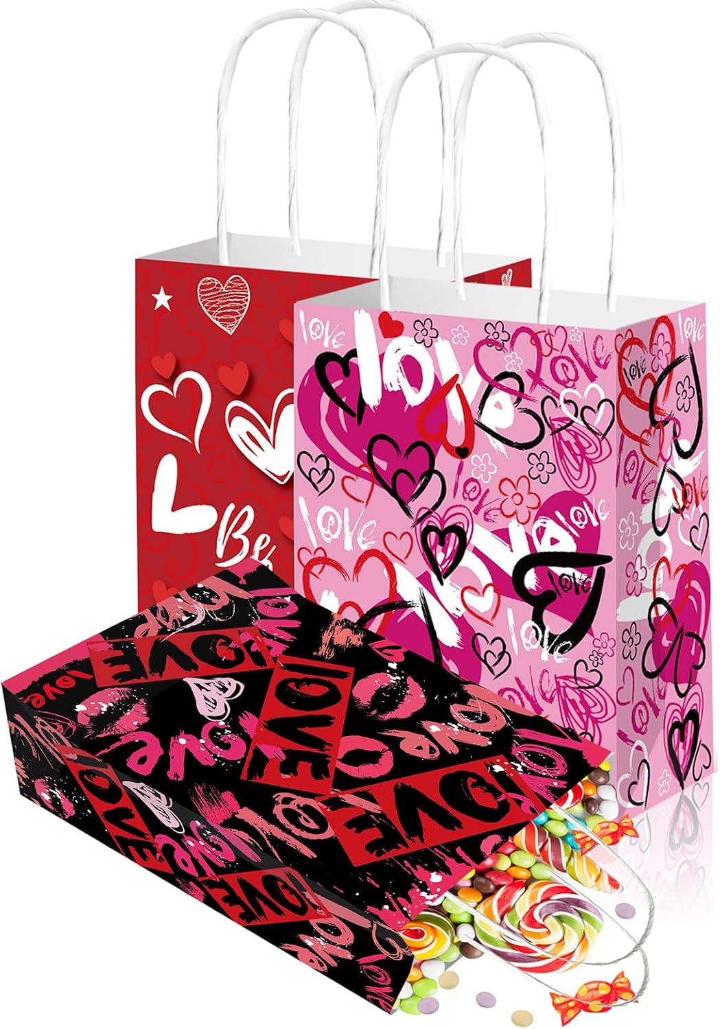 Qpout 12 Pack Valentines Day Gift Bags for Kids, Valentines Goodie Bags With Handles, Valentines Day Paper Treat Bags, Happy Valentines Day Candy Bags, Valentine Party Favor Bags image 4
