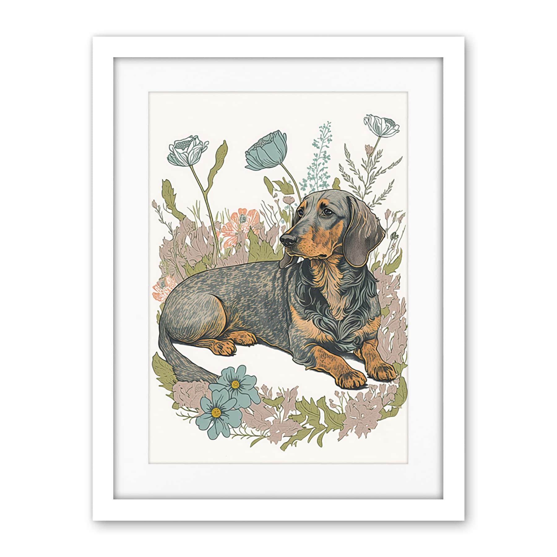Artery8 Dachshund Dog Lying in Flower Field Pastel Watercolour Illustration Artwork Framed Wall Art Print 18X24 Inch