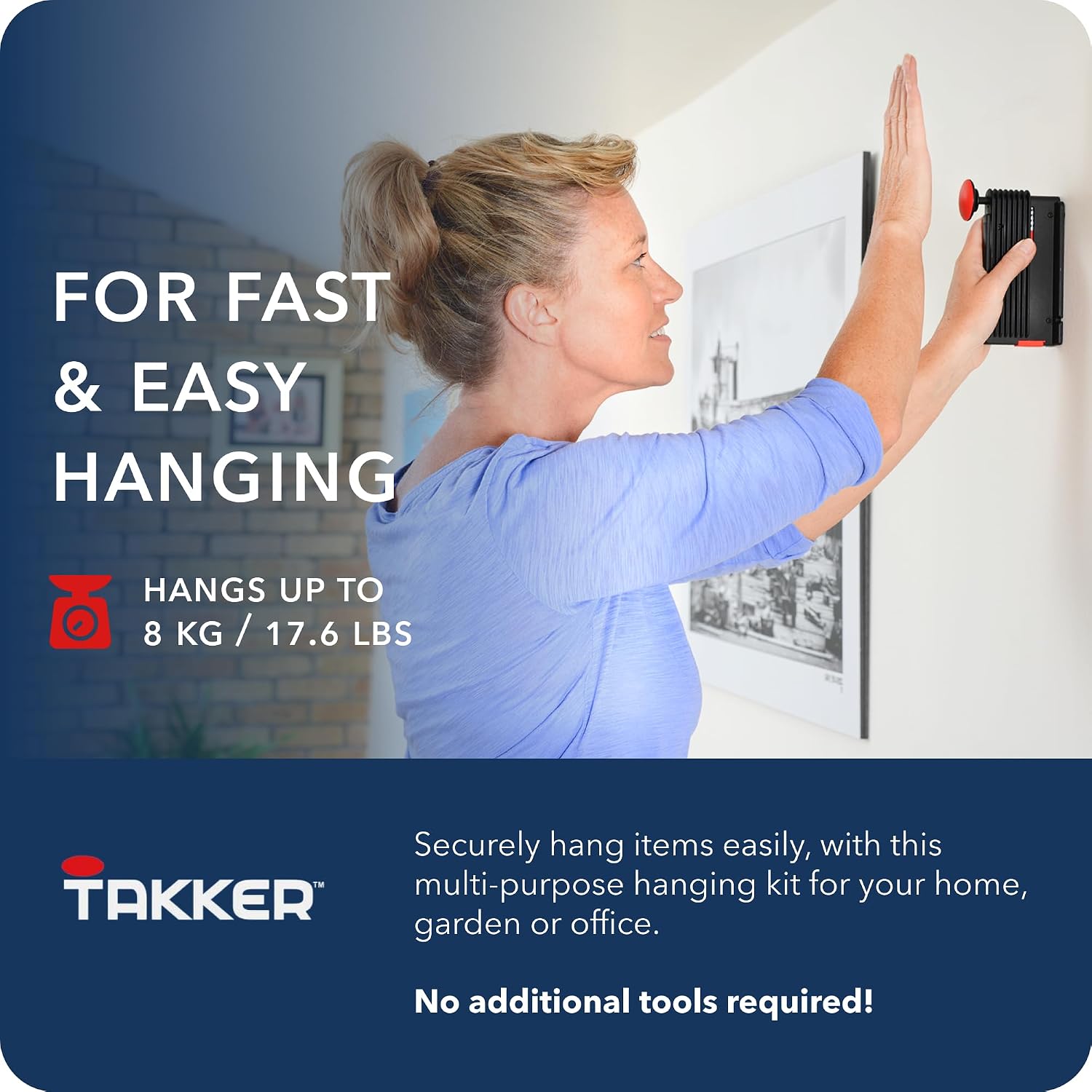Takker® Picture Frame Hanging Tool Kit Easy One-Step 61 Pieces- No Tools/Nails Required – As Seen On Dragon’s Den - Hang On Walls, Plasterboard, Wood, Up to 8kg Pictures Canvas Clock Decor Utensils