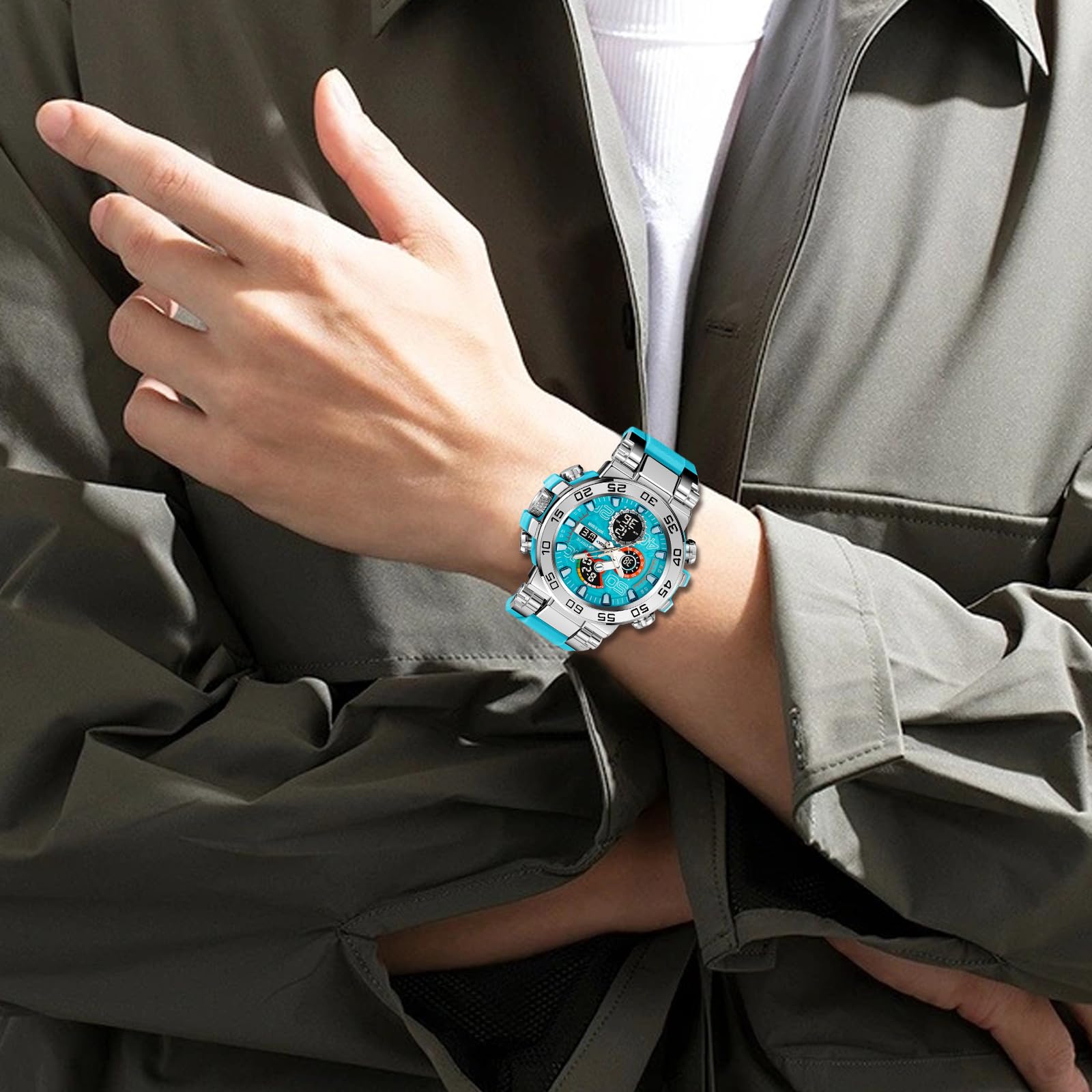 FANMIS Relojes Deportivos Militares para Hombre, Resistentes al Agua, diseño de Color, Cara Grande, Digital, analógico, táctico, cronógrafo, para Exteriores, cronógrafo de Doble Hora, LED, Alarma