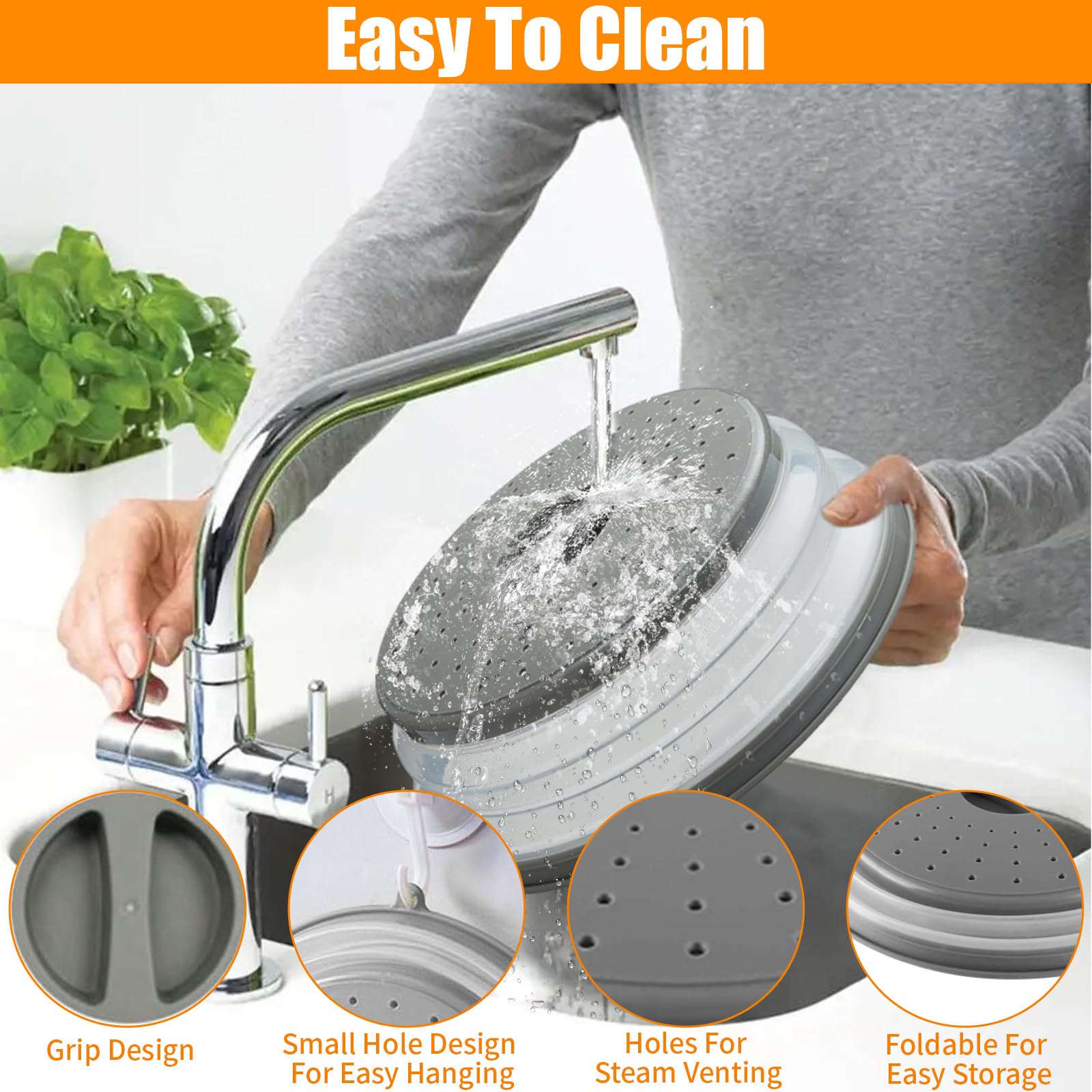 2Pcs Copertura Riscaldamento Antischizzi Microonde Pieghevole 26.5cm con Fori Vapore, Cesto Filtro Plastica con Ganci per Lavare Frutta Verdura Alimenti,Coprivivande Antispruzzo con Manico(Gris+Verde)