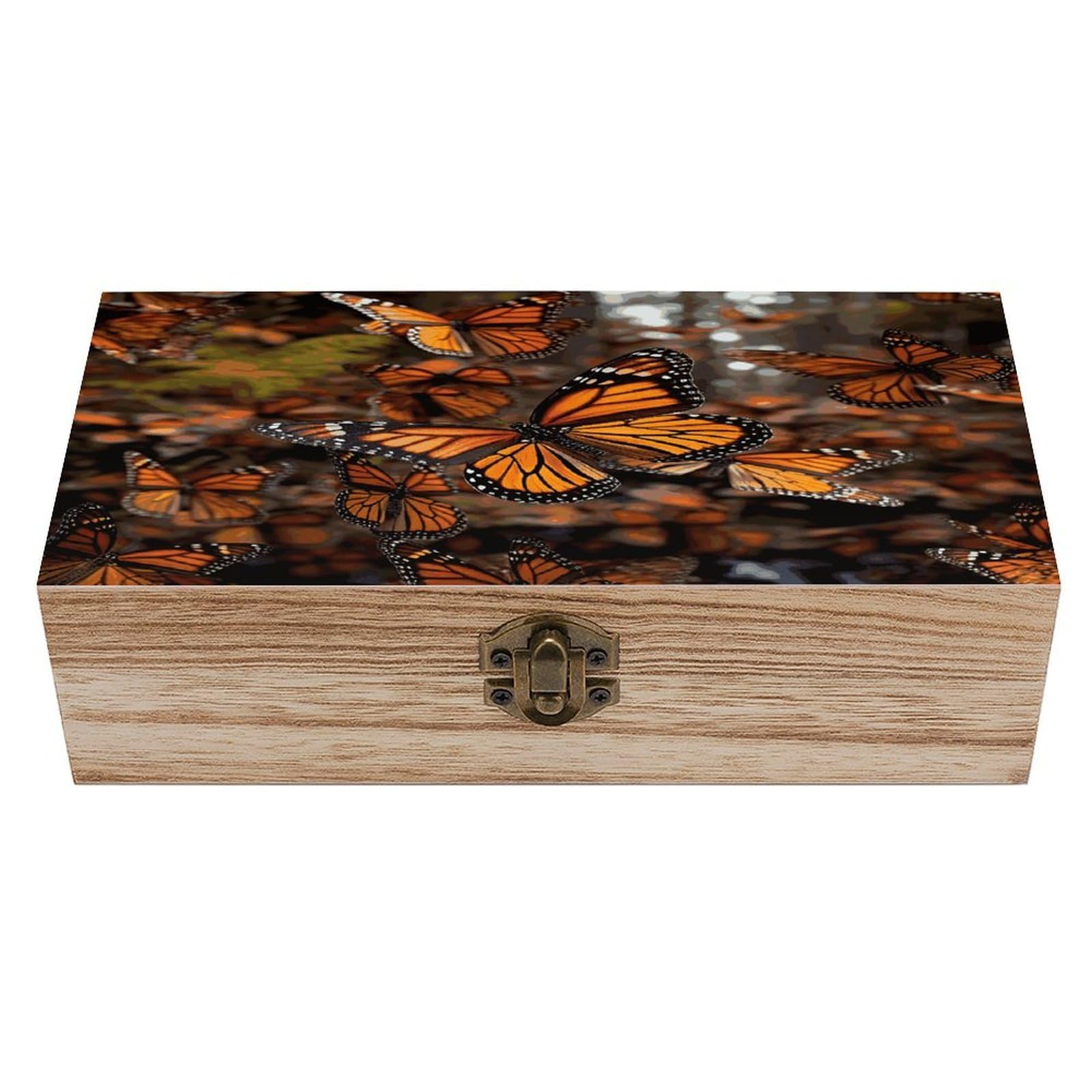 VstaDank Monarch Butterflies Wooden Box with Hinged Lid Handmade Wooden Jewelry Boxs Organizer Personalized Woodens Keepsake Box for Pictures Wedding Photo Jewelry Decorative Chest Rustic Crate