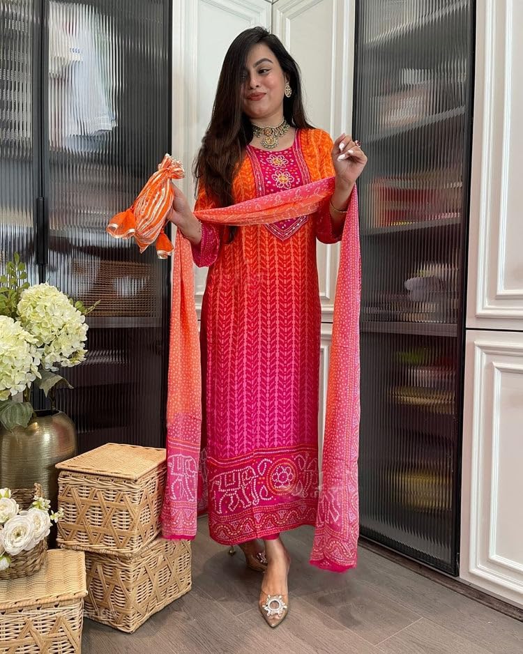 Image of GoSriKi Women's Rayon-Viscose Straight Kurta Set with Multicolor Bandhej Print - 3 /4 Sleeves, Calf-Length Kurta + Pant & Dupatta - Comfortable & Festive Ethnic Wear
