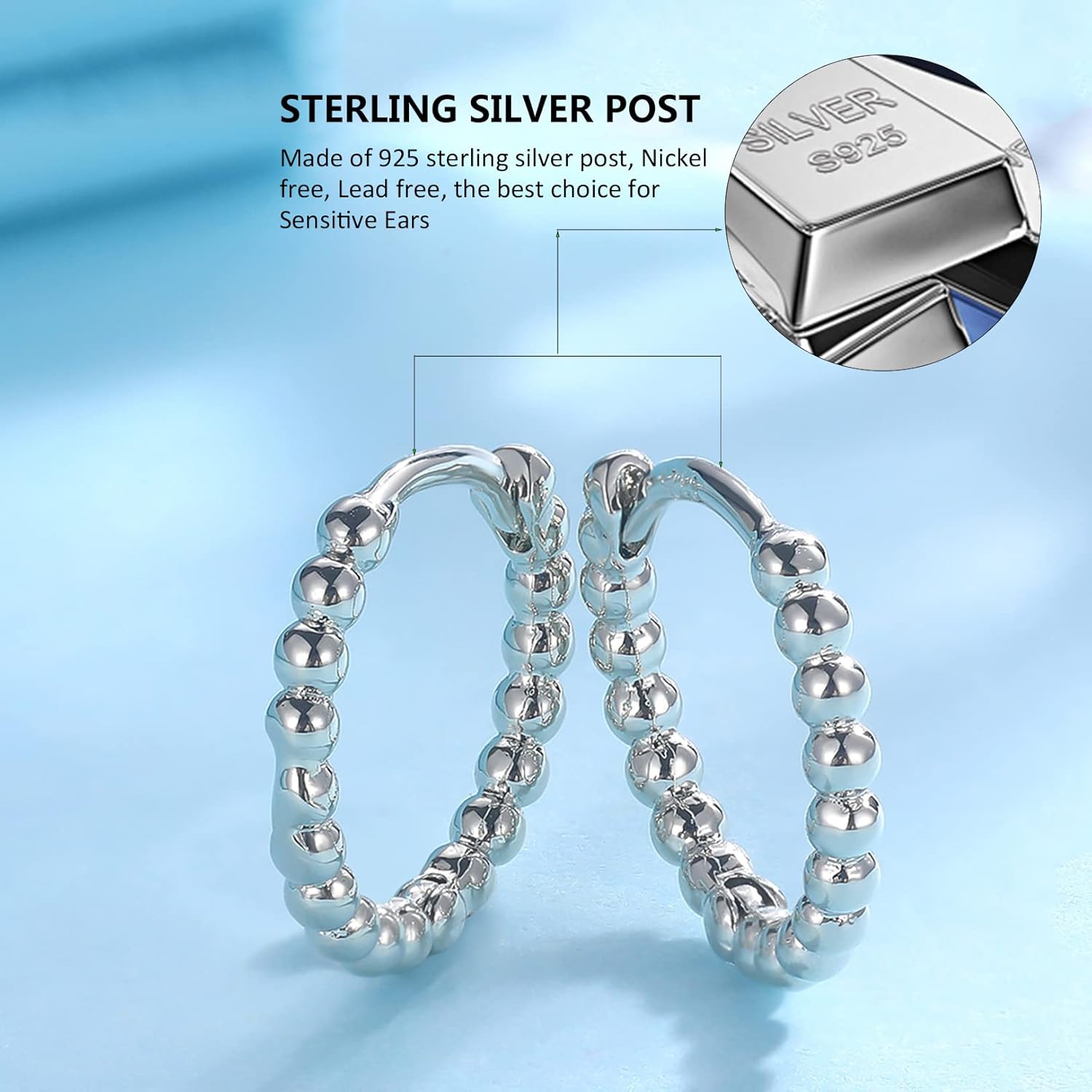CERSLIMO Silver Hoop Earrings for Women| 3 Pairs Small Sterling Silver Post Beaded Huggie Earrings| Hypoallergenic Tiny Cartilage Sleeper Cuff Jewelry for Men Ladies, 8mm 10mm 12mm - Image 5