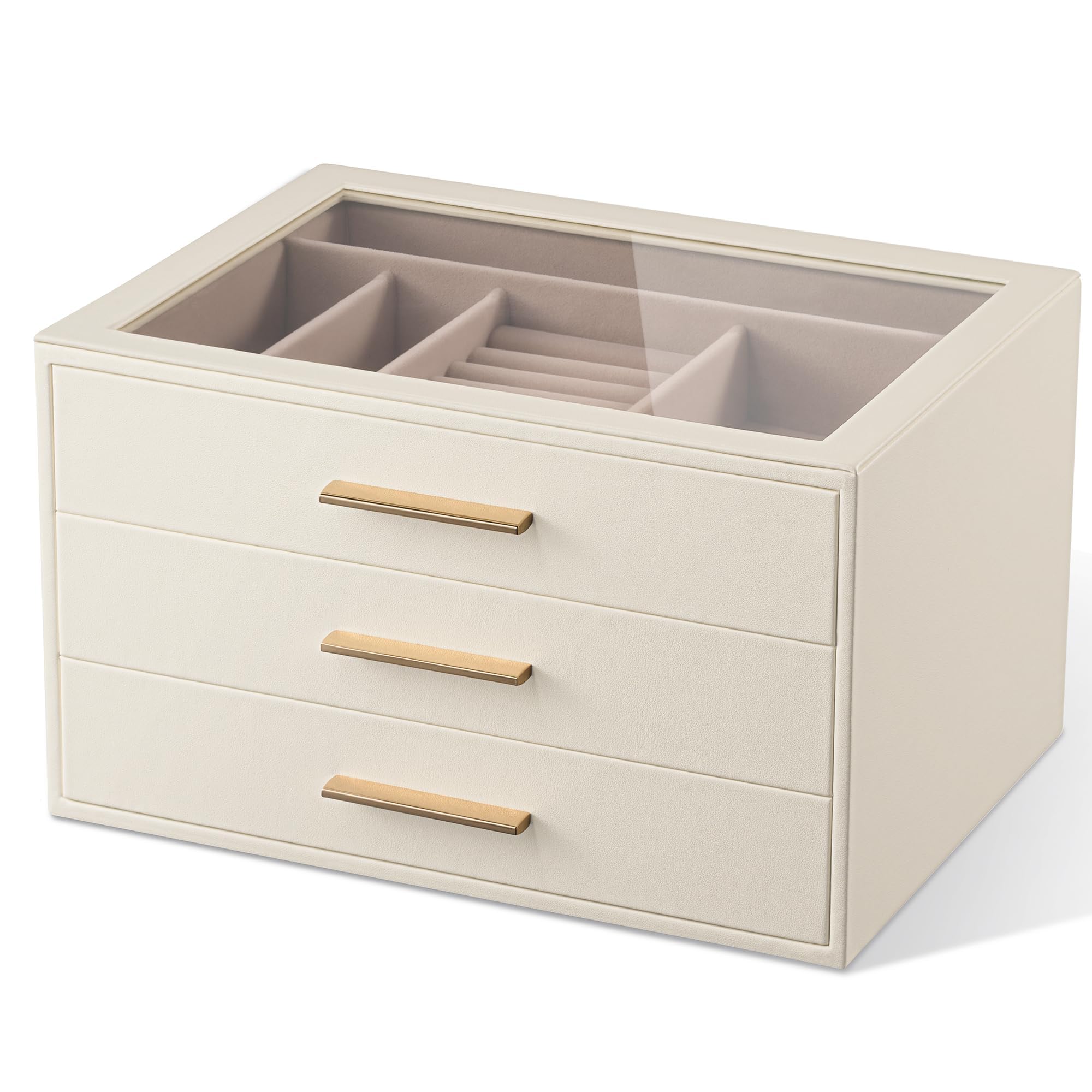 pickpiff Jewelry Box Organizer Case for Women 3-Layer Jewelry Storage Case with Glass Window Ivory Leather with Pink