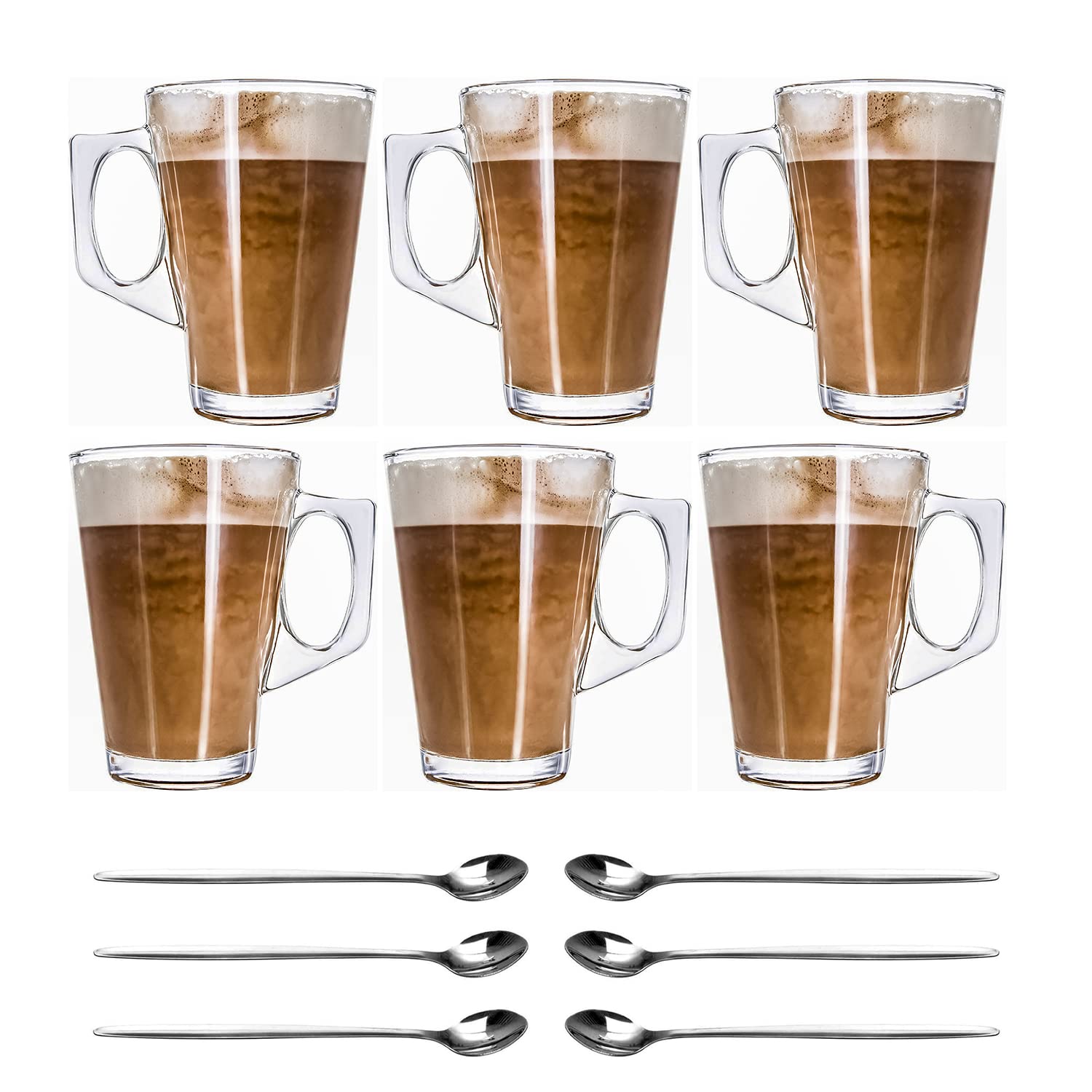 Crystals Glasses Set: 6 Latte Mugs, 240 ml, Temperature Resistant - Stylish Cups for Hot Drinks, Ideal for Latte, Espresso, Cappuccino & Hot Chocolate - Transparent