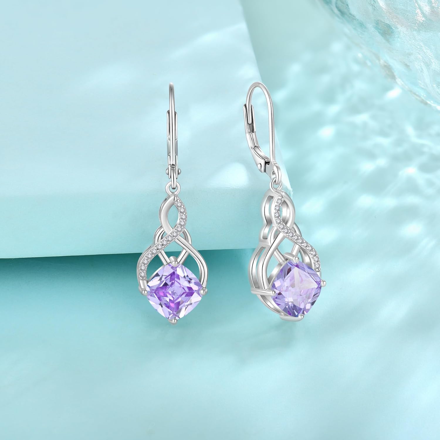 Princess Cut Leverback Dangle Drop Earrings 925 Sterling Silver Infinity Knot Earrings Birthstone Jewelry Gifts for Women - Image 4