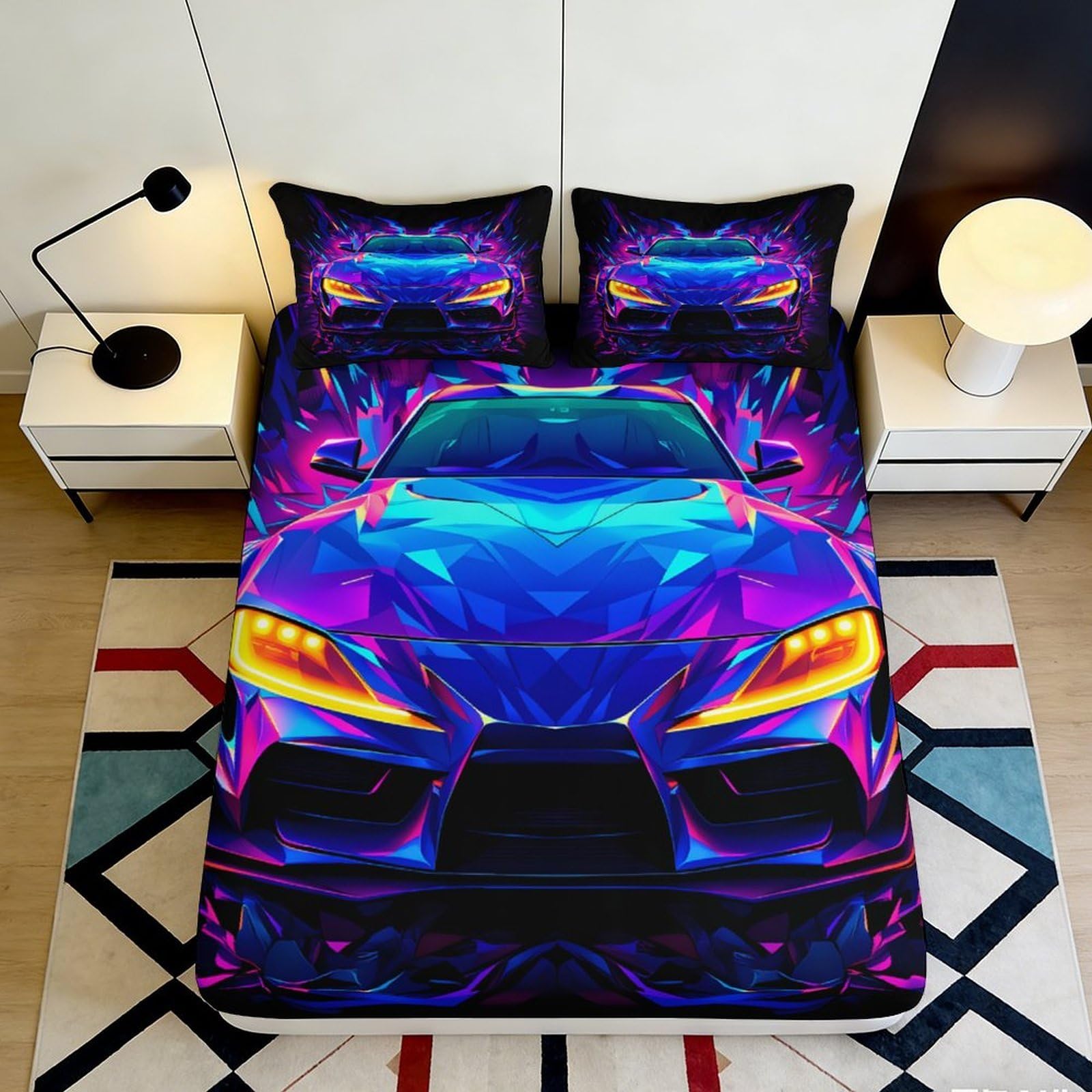 3D Printed Neon Sports Car Fitted Sheet Microfiber Soft Breathable Abstract Race Car Bed Cover for Bedroom Dormitory Guest Room Mattress Protection 160x200x25cm