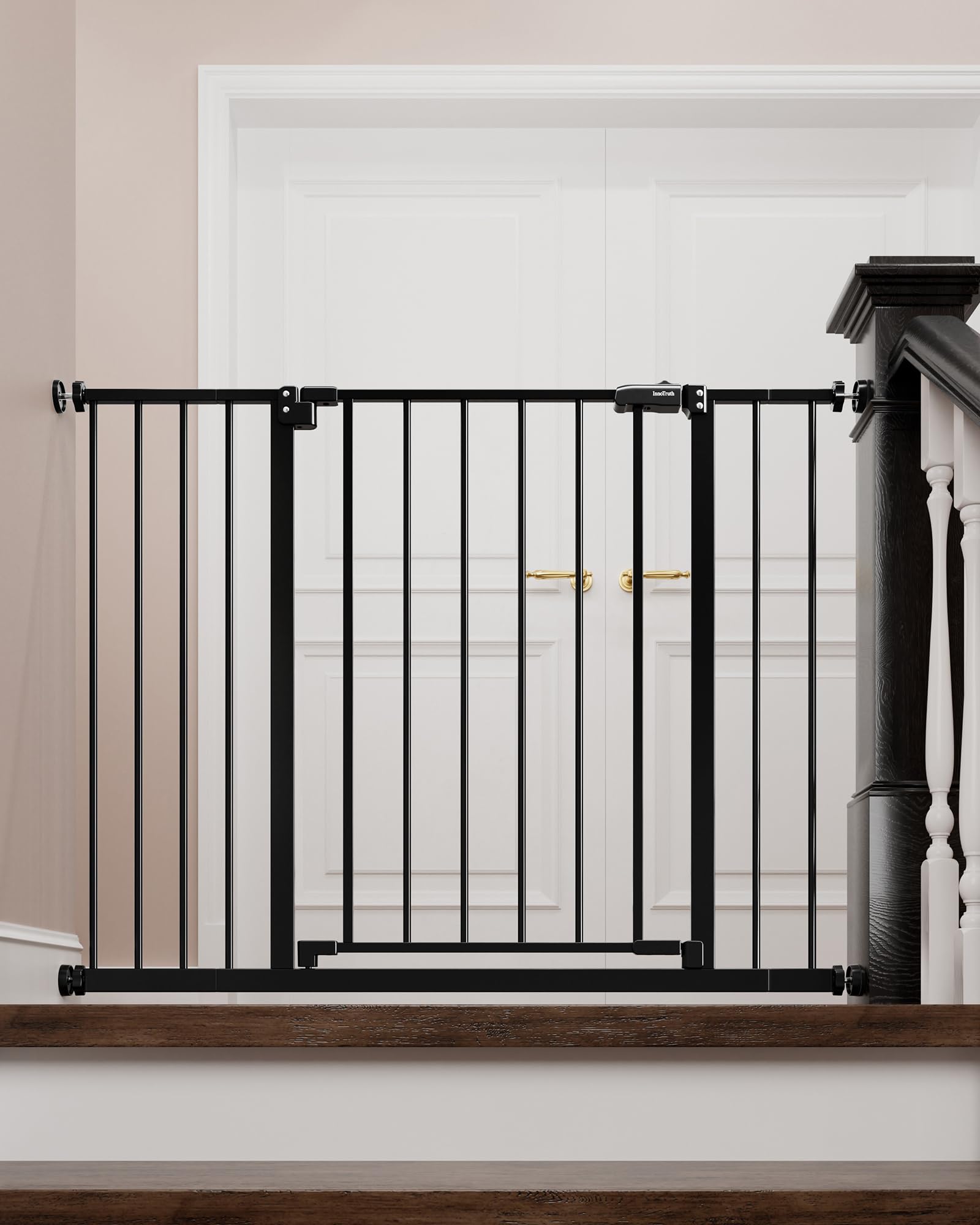InnoTruth Baby Gate for Stairs 28.9-42.1" Wide, 30" Tall Easy Step Walk Through Expandable Dual Lock Dog Gates for The House,Pressure Mounted Easy Install Pet Gate for Doorways, Black