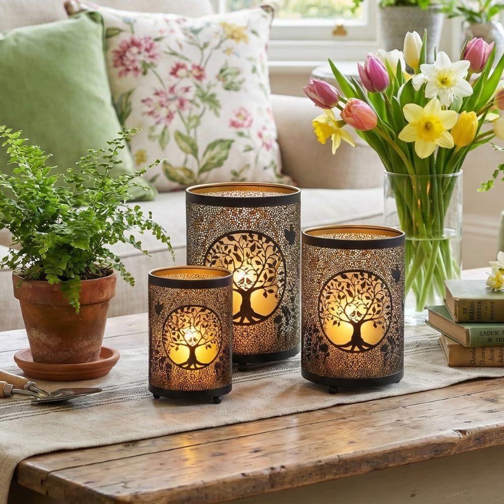 TRIROCKS Lampion na świecę z drzewem życia, 13 cm, 16 cm, 19 cm, grawerowany metal, brąz, dekoracja do salonu, stołu, na imprezę, patio, wejście, do wewnątrz i na zewnątrz (3 sztuki)