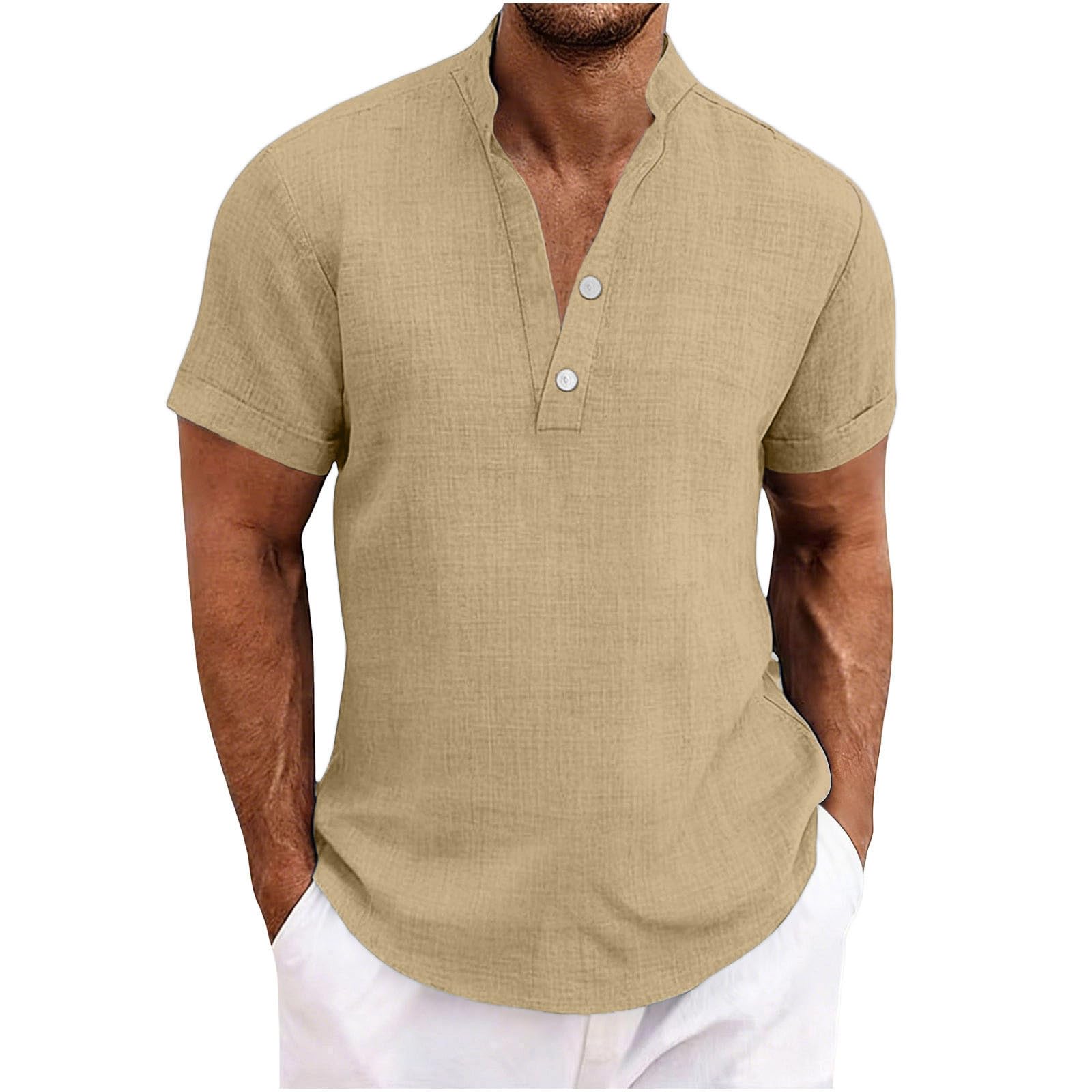 Chemise Homme en Lin Été Chemises à Manches Courtes Leger Respirant Décontractées Chemisier Coton Lin Col en V Couleur Unie Bouton T-Shirts de Plage Grande Taille Tops LâChe pour Casual Quotidien