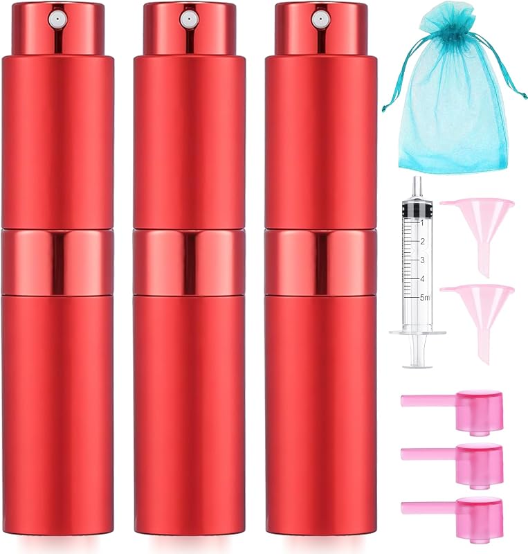 DPLASKA Atomizador de Perfume Recarregável 8 mL Vermelho, Pacote com 3 e Bolsa