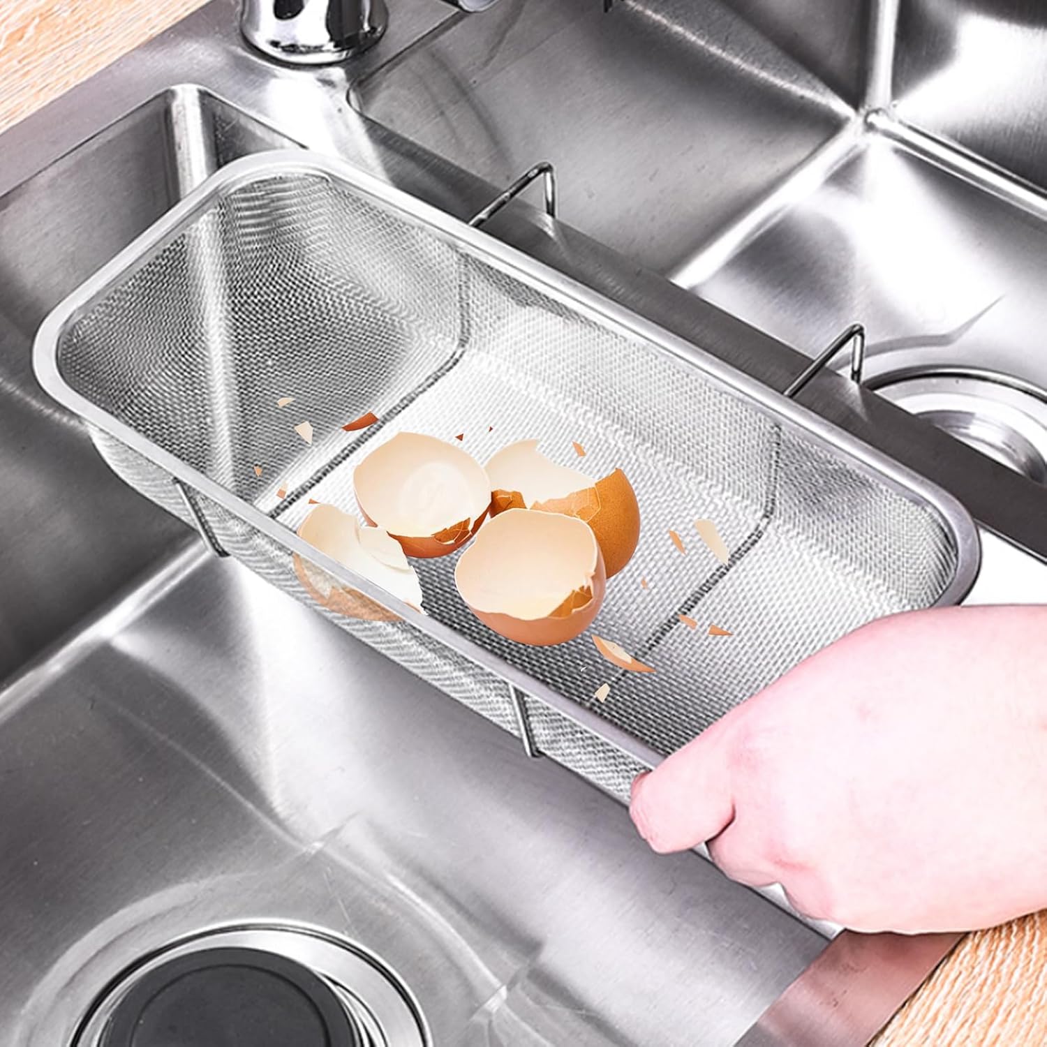 Sink Drain Strainer Basket, Stainless Steel Side Hanging Kitchen Food Waste Filter, Rectangular Fine Mesh Kitchen Sink Caddy, Suitable for Double Sinks, 10.6 x 4.7 x 1.77 Inch