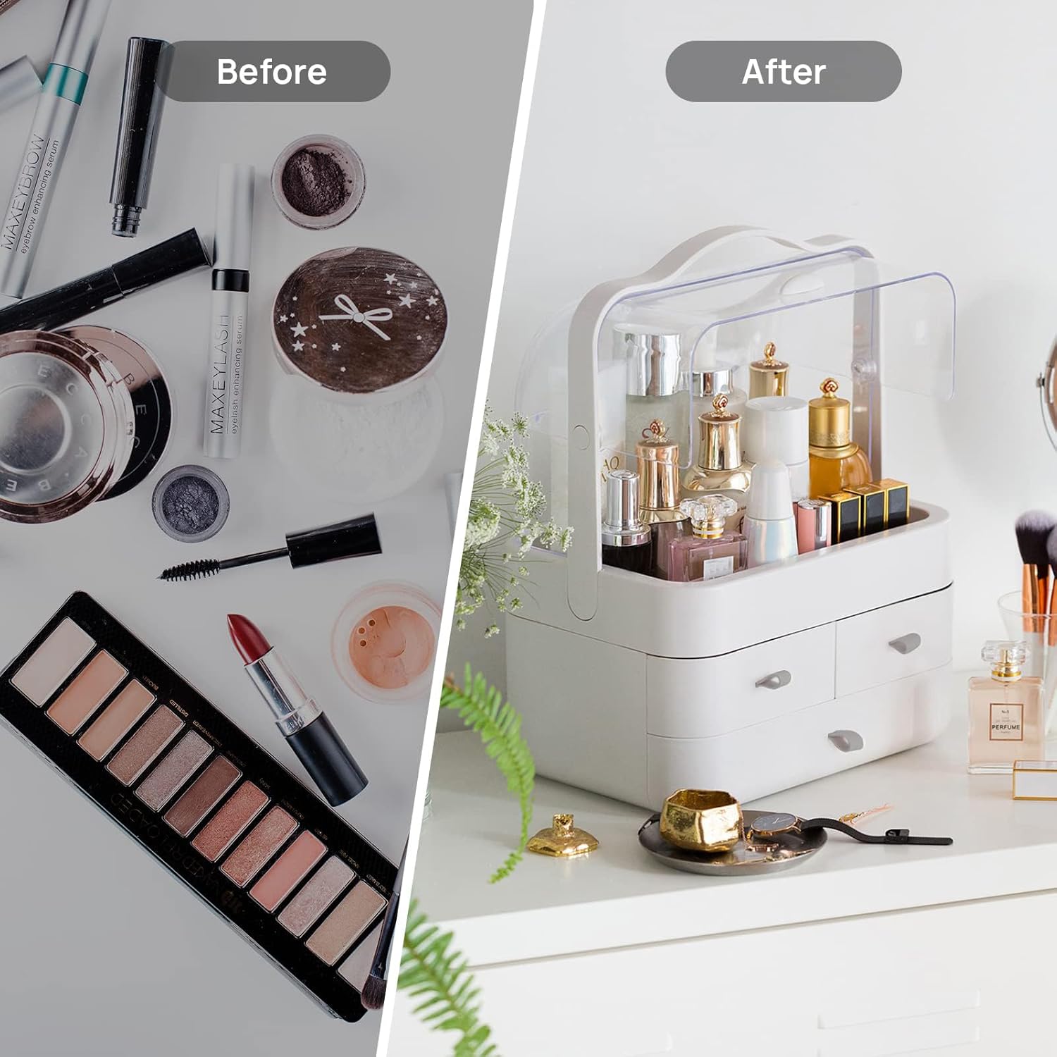 Radiant Youth Makeup Organizer, Modern Cosmetic Organizer Makeup Storage Holder, Display Make up Caddy Shelf Organization Boxes Case Dustproof w/Handle and Drawer on Countertop