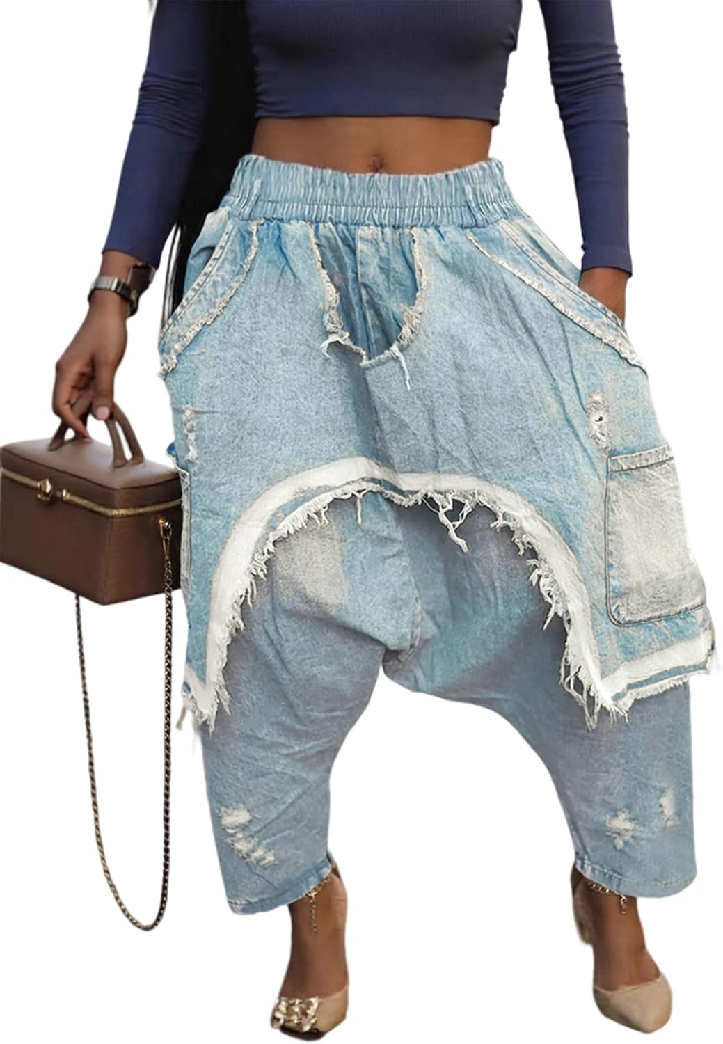 Kwunbwa Women's Denim Harem Pants Patchwork Ripped Jeans Elastic Waist Loose Stretchy Trendy Barrel Jeans with Pockets