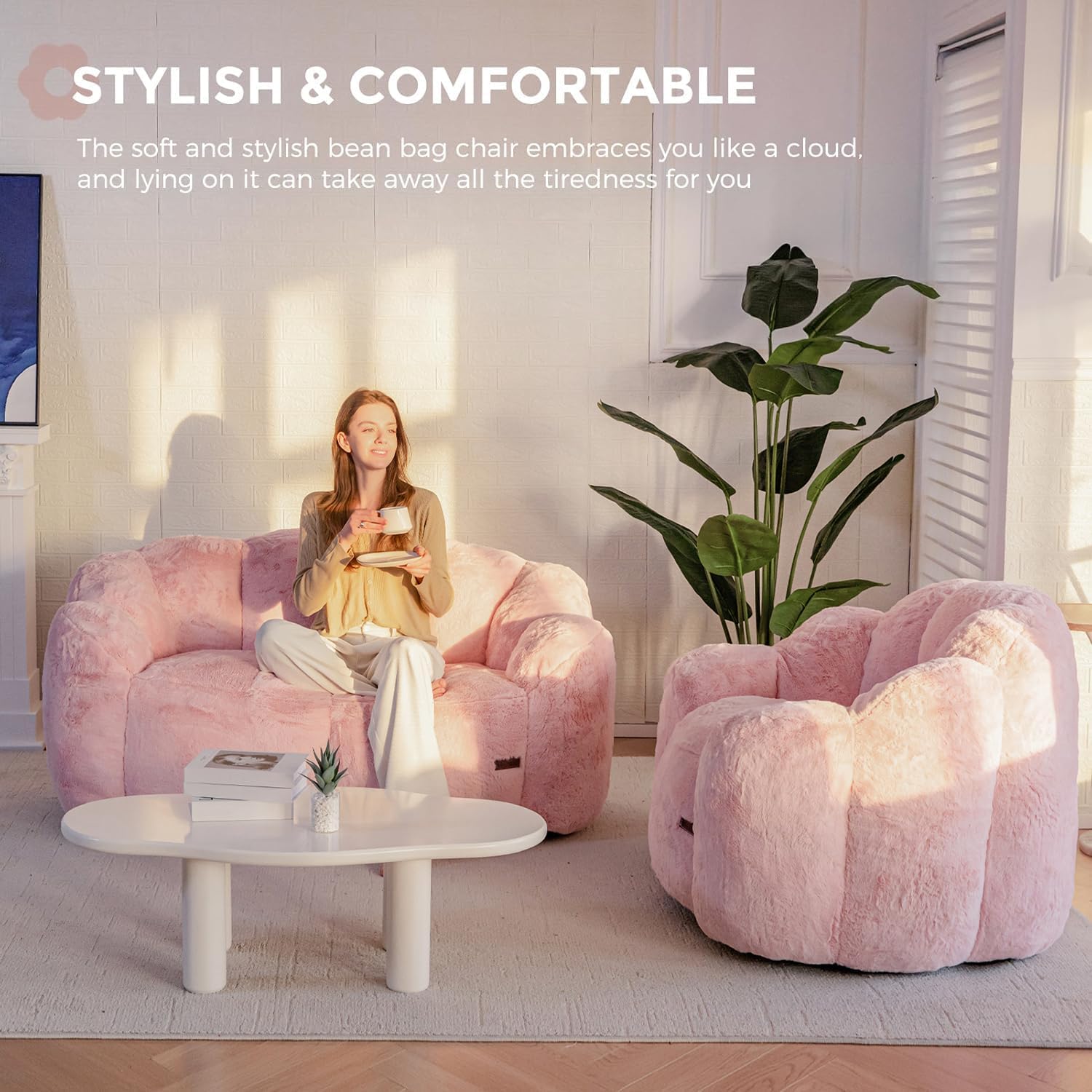 MAXYOYO Bean Bag Chair for Adults, Floral Shaped Bean Bag Sofa, Ultra Soft Faux Fur Floor Sofa, Large Reading Chair for Living Room Bedroom, Pink, Single - Image 5