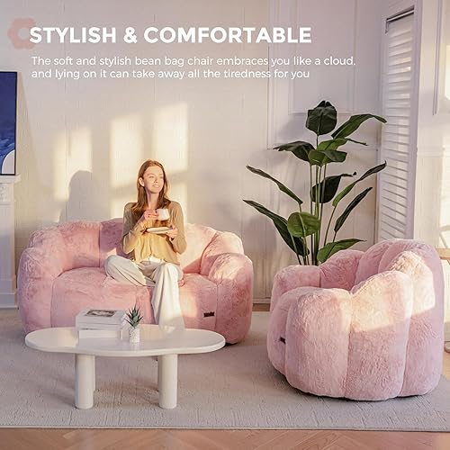 Miniatura 4 de MAXYOYO Bean Bag Chair for Adults, Loveseat Floral Shaped Bean Bag Sofa, Ultra Soft Love Seat Mini Sofa Couch, Faux Fur Reading Chair for Living