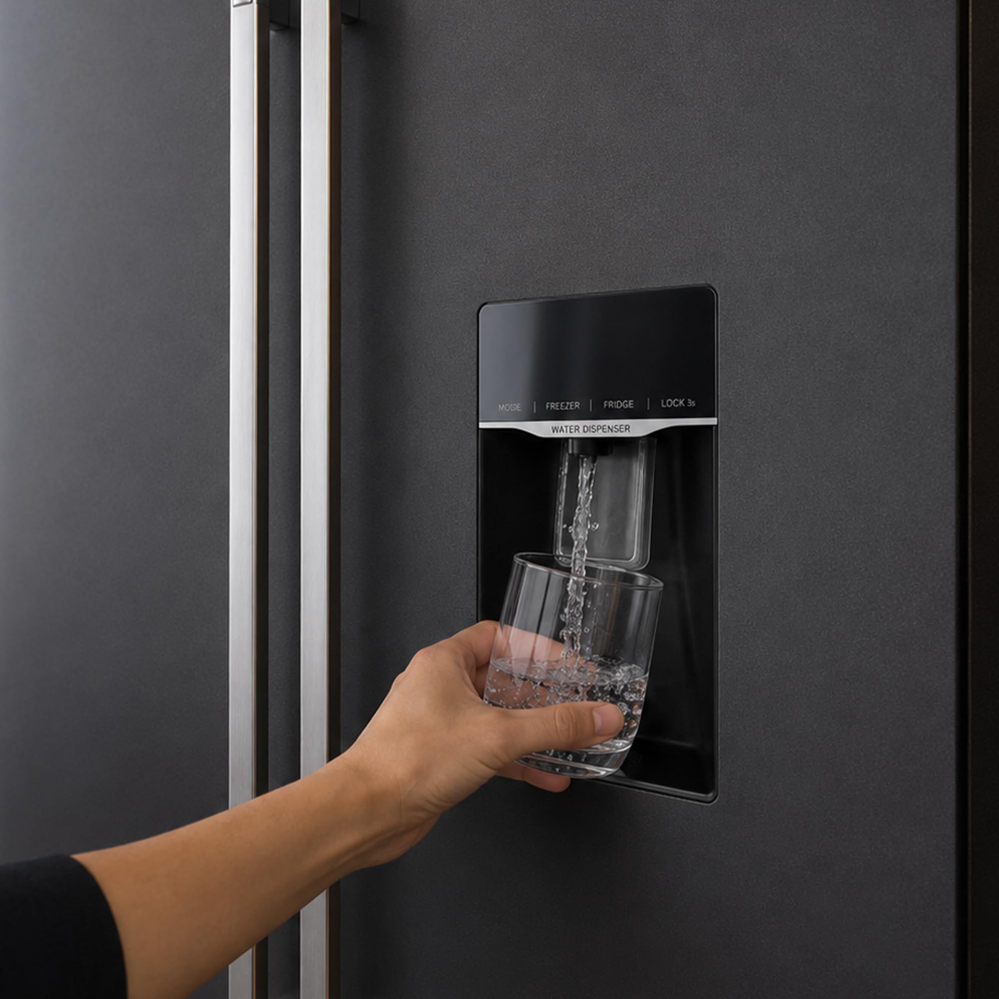 Side-by-Side Kühlschrank 439 L – Total No Frost, Inverter-Kompressor, Wasserspender – amerikanischer Kühlschrank mit Doppeltür, Dunkelgrau, Energieeffizienzklasse E – HSBS-HM439NFINVDGWDE
