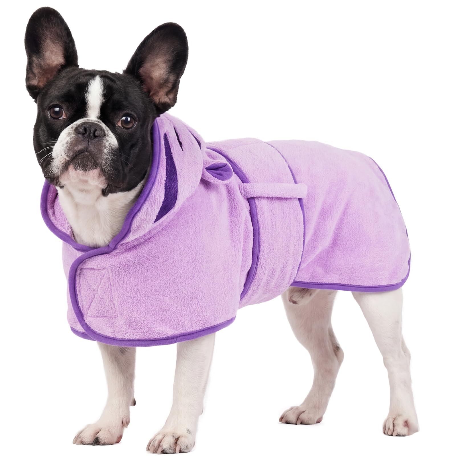 OUOBOB Dog Drying Coat, Bathrobe for Drying Dogs, Towels for Medium Dogs, Microfibre Dog Robe Super Absorbency with Hood & Adjustable Belly Straps for Frenchie, Beagle, Boston Terrier (Purple, L)