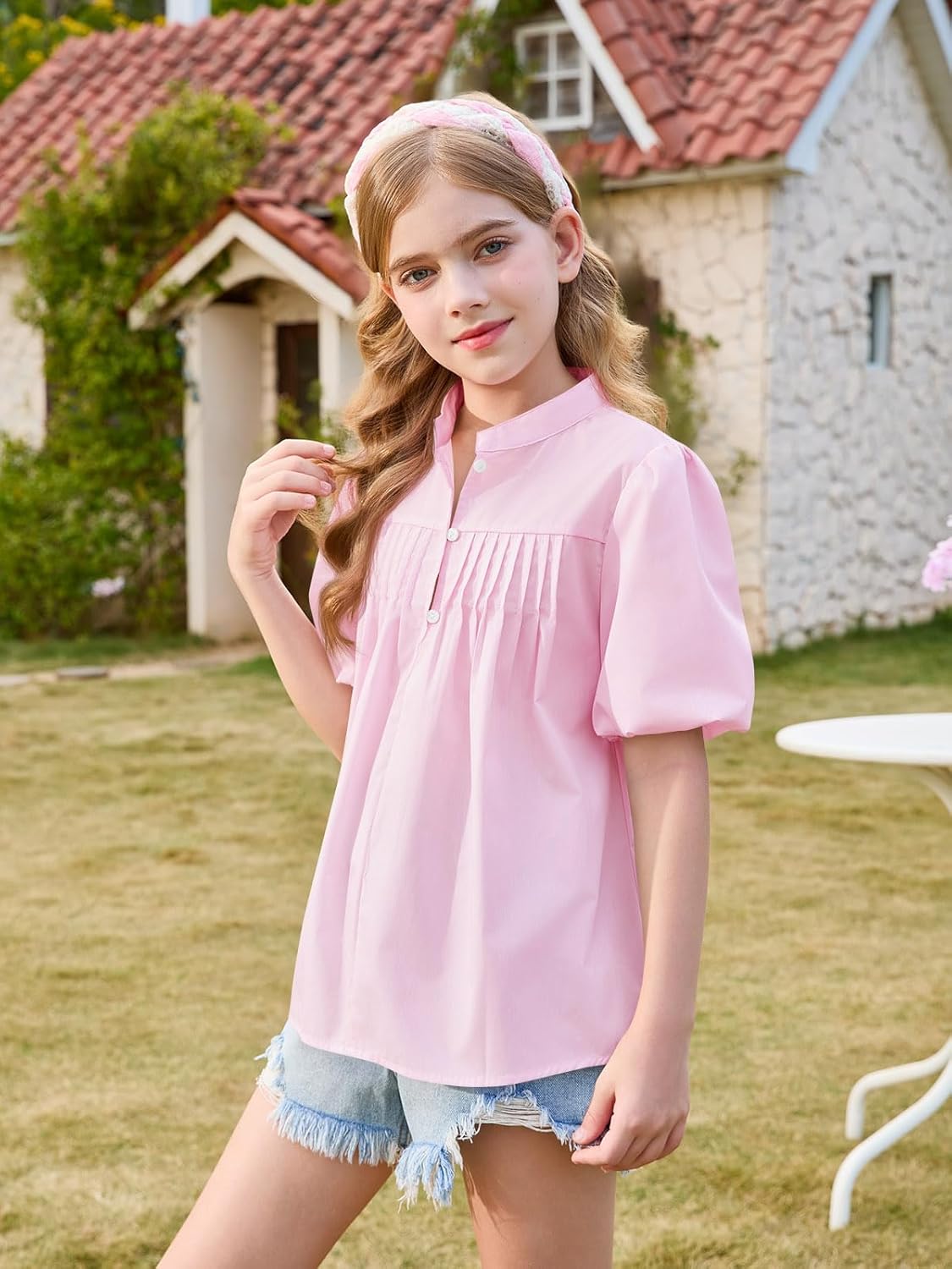 Girls Puff Short Sleeve Shirts Kids Casual Pleated Half Button Loose Blouse Summer Tops 5-14 Years - Image 4