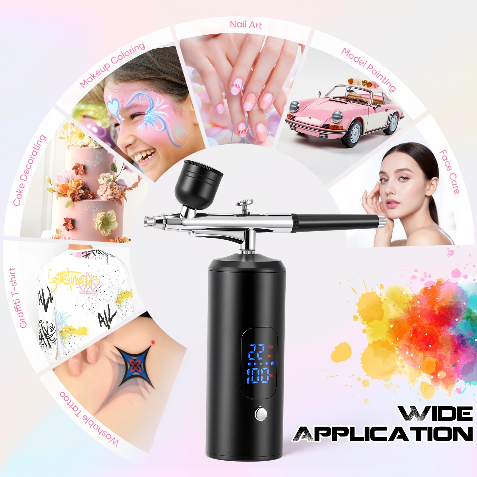 Kit Aérographe avec Compresseur, Totalement sans Fil avec Batterie, Aérographe à 3 Vitesses jusqu'à 38 PSI pour Gâteau, Ongles, Modélisme et Bodypainting (Noir)