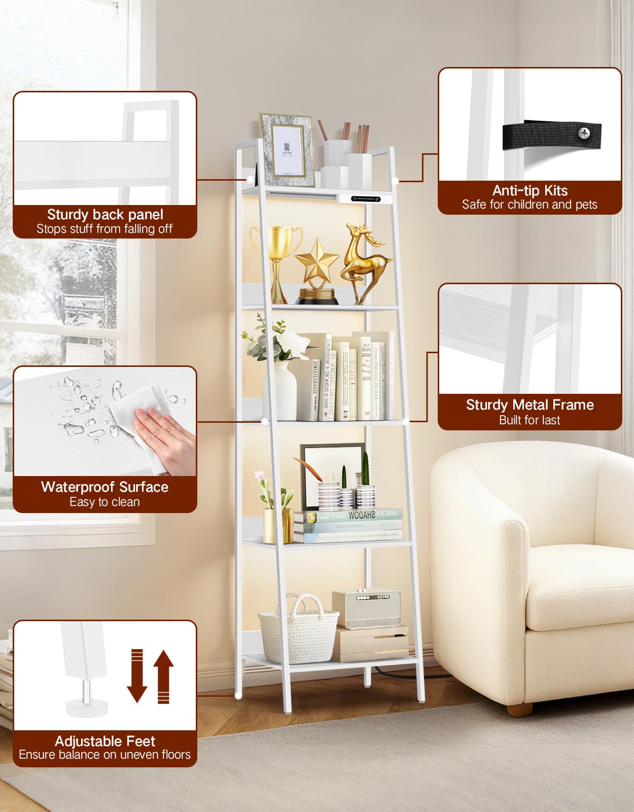 Piccola Libreria a Scala a 5 Ripiani con Luce LED, Touch e Telecomando, 3 Temperature di Colore, Scaffale Angolare Alta Dimmerabile in Metallo e Legno per Soggiorno e Camera da Letto