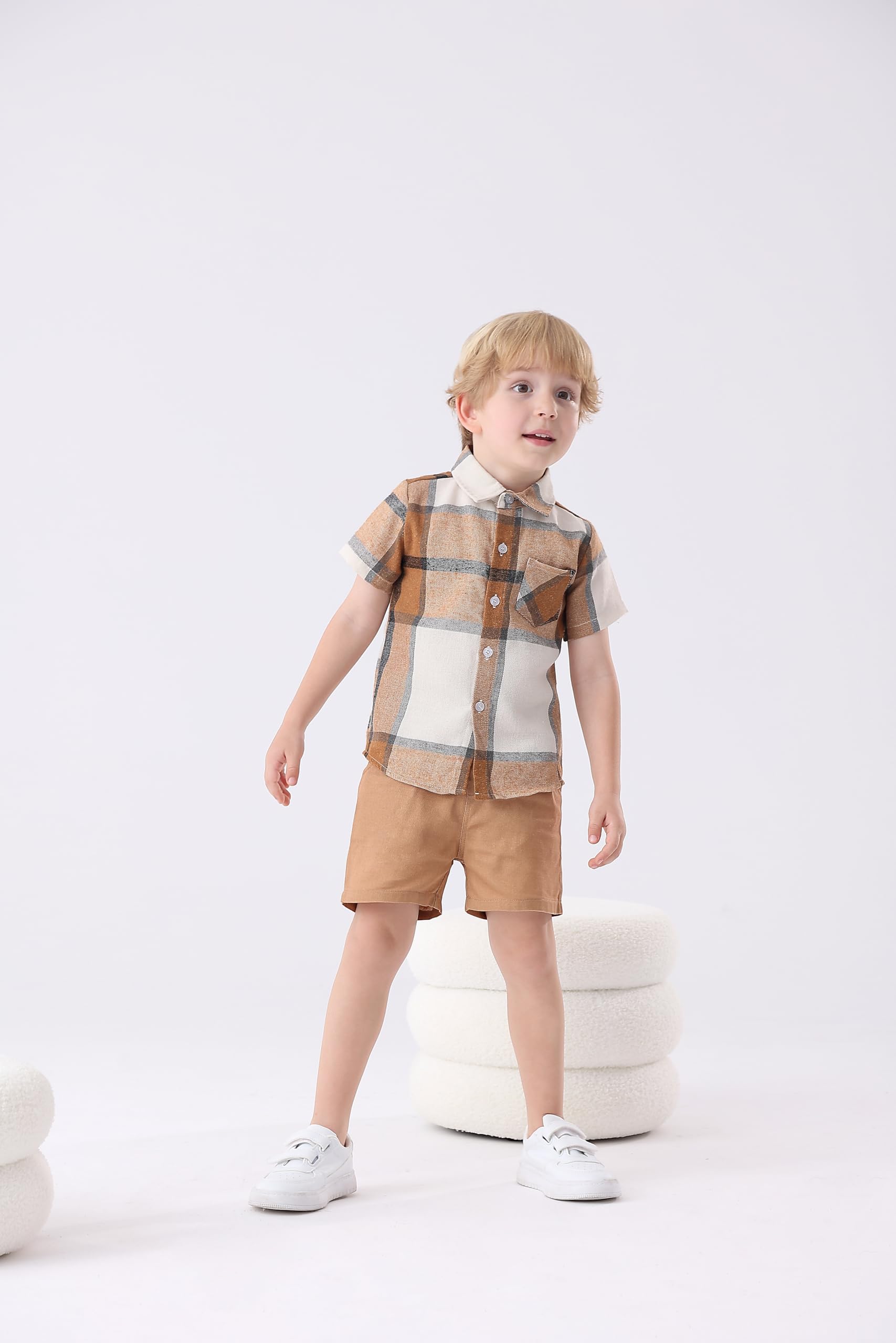 Camisas de manga corta con botones para niños, ropa de verano a cuadros de algodón con bolsillo, 2-8T (paquete de 2)