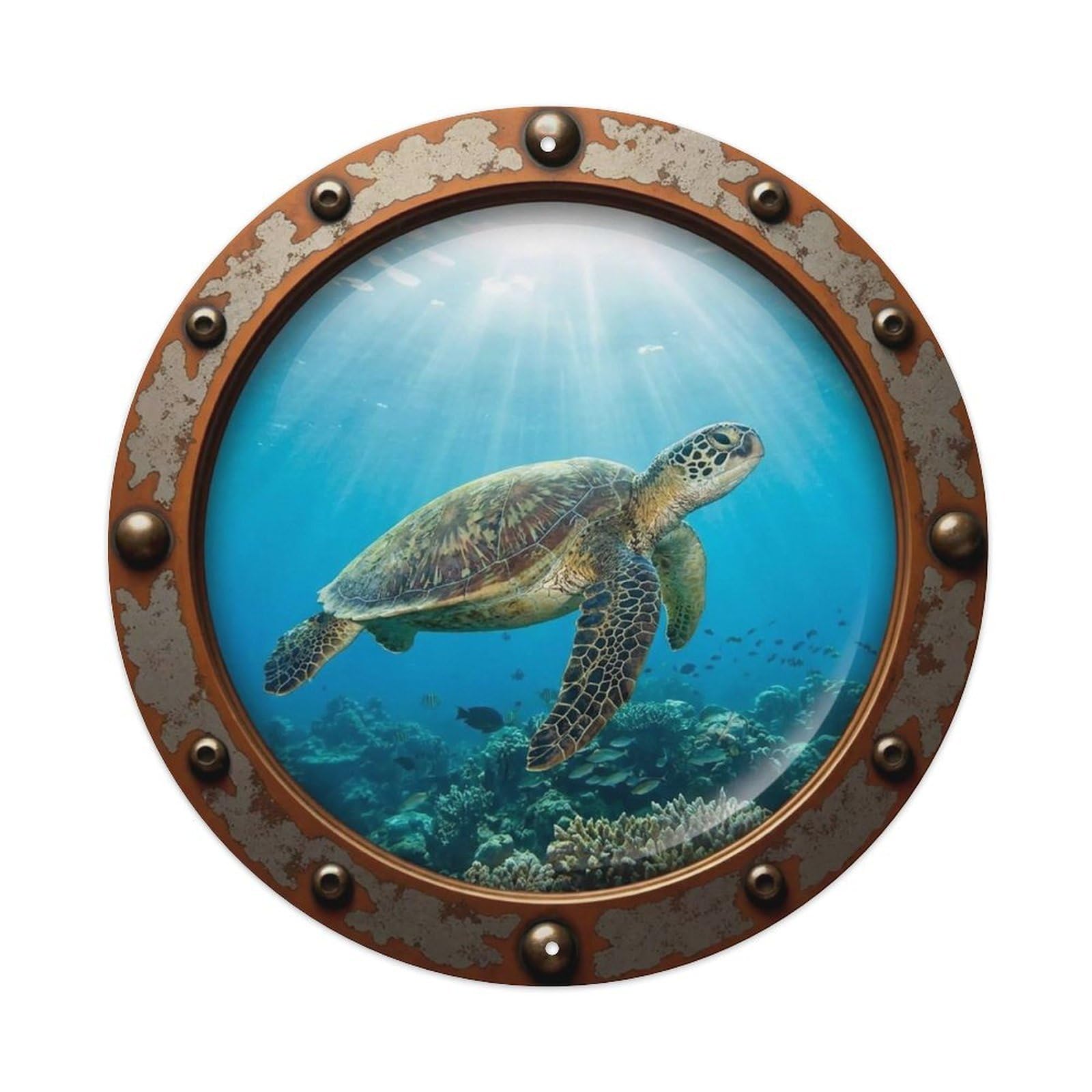 Vintage Porthole Sea Turtle Nautical Window View Vintage Metal Tin Sign Plaque Wall Decor for Cafe, Club Bar, Office, Garden Metal Poster 8x8Inch