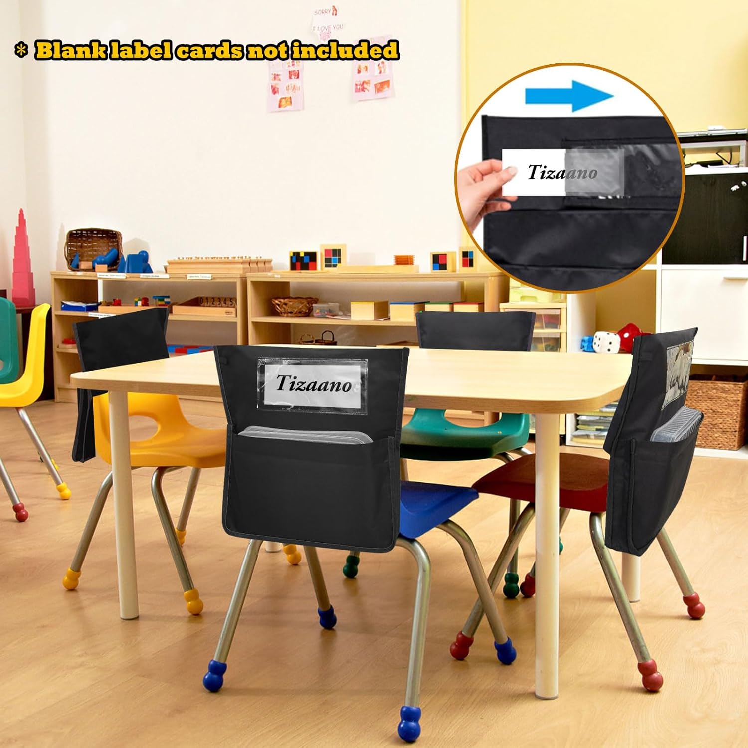 AZKAQA Chair Pockets for Classroom 15.6x16.8 Inch - 12 Pack Chairback Buddy Pocket Chart Seat Back Organizer Student Storage with Lable Slot for Classroom Kindergarten School Home (Black)