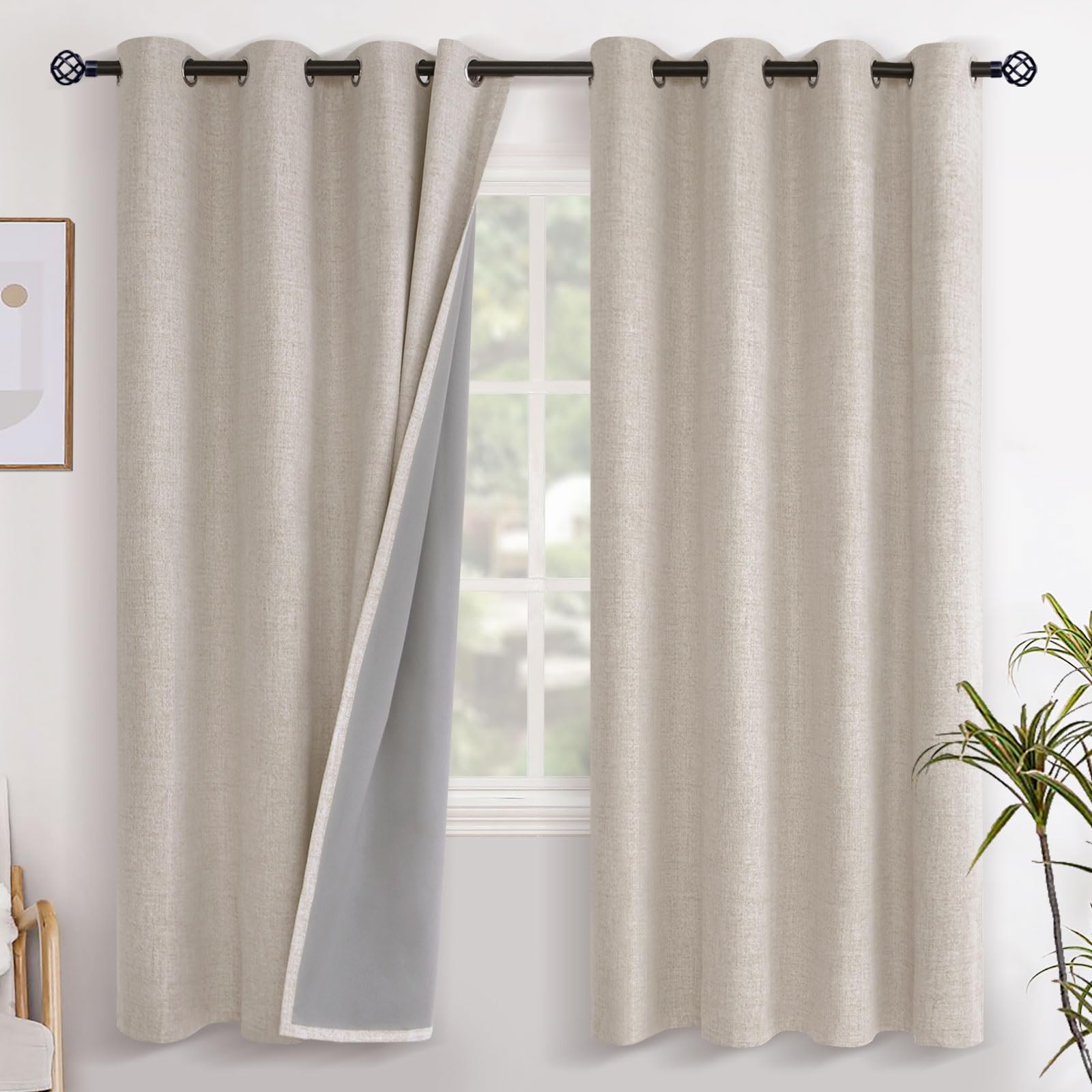 YoungsTex Linen Blackout Curtains 52 X 72 Inch Length, Oatmeal Room Darkening Drapes for Living Room Thermal Insulated Privacy with Grommet, 2 Panels