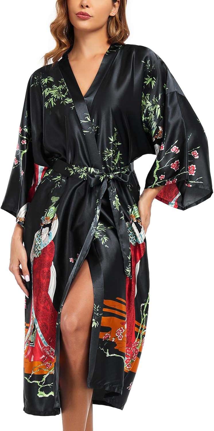 BestWendding Women's Satin Kimono Robes Floral Patterned Long Bathrobe Silky Dressing Gown Bridesmaid Robes with 2 Pockets