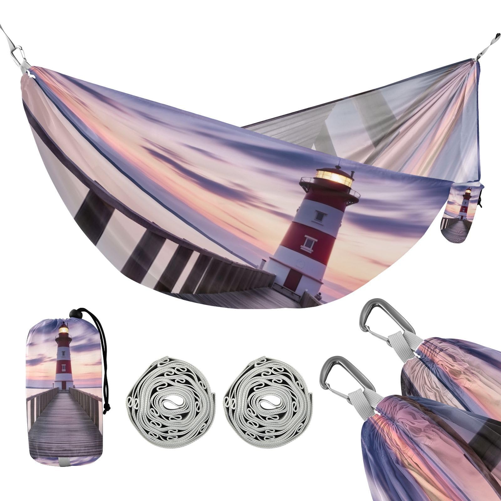 Haskirky Sunset Lighthouse Camping Hammock, Single Portable Hammocks with Tree Straps & Attached Carry Bag, 330Lbs Capacity Perfect for Outside Indoor Hiking Beach Backpack Travel