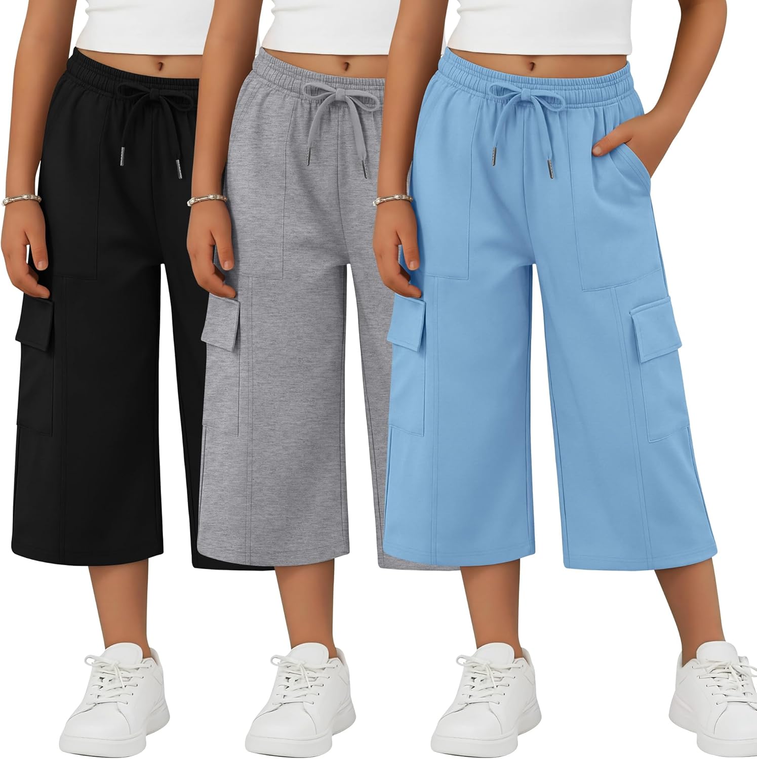 3 Pack Capri Sweatpants for Girls Wide Leg Cargo Capris Elastic Kids Waist Drawstring Active Casual with Pockets