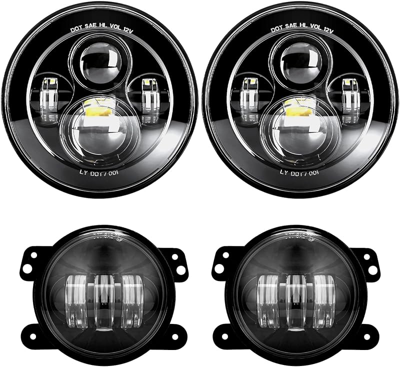 Conjunto de faróis LED 7" e faróis de neblina LED 4" LX-LIGHT para Jeep Wrangler 1997–2017 – 2 faróis e 2 neblinas