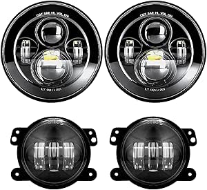 DOT Approved 7&#39;&#39; Black LED Headlights + 4 &#39;&#39; LED Fog Lights Compatible with Jeep Wrangler 97-2017 JK TJ LJ