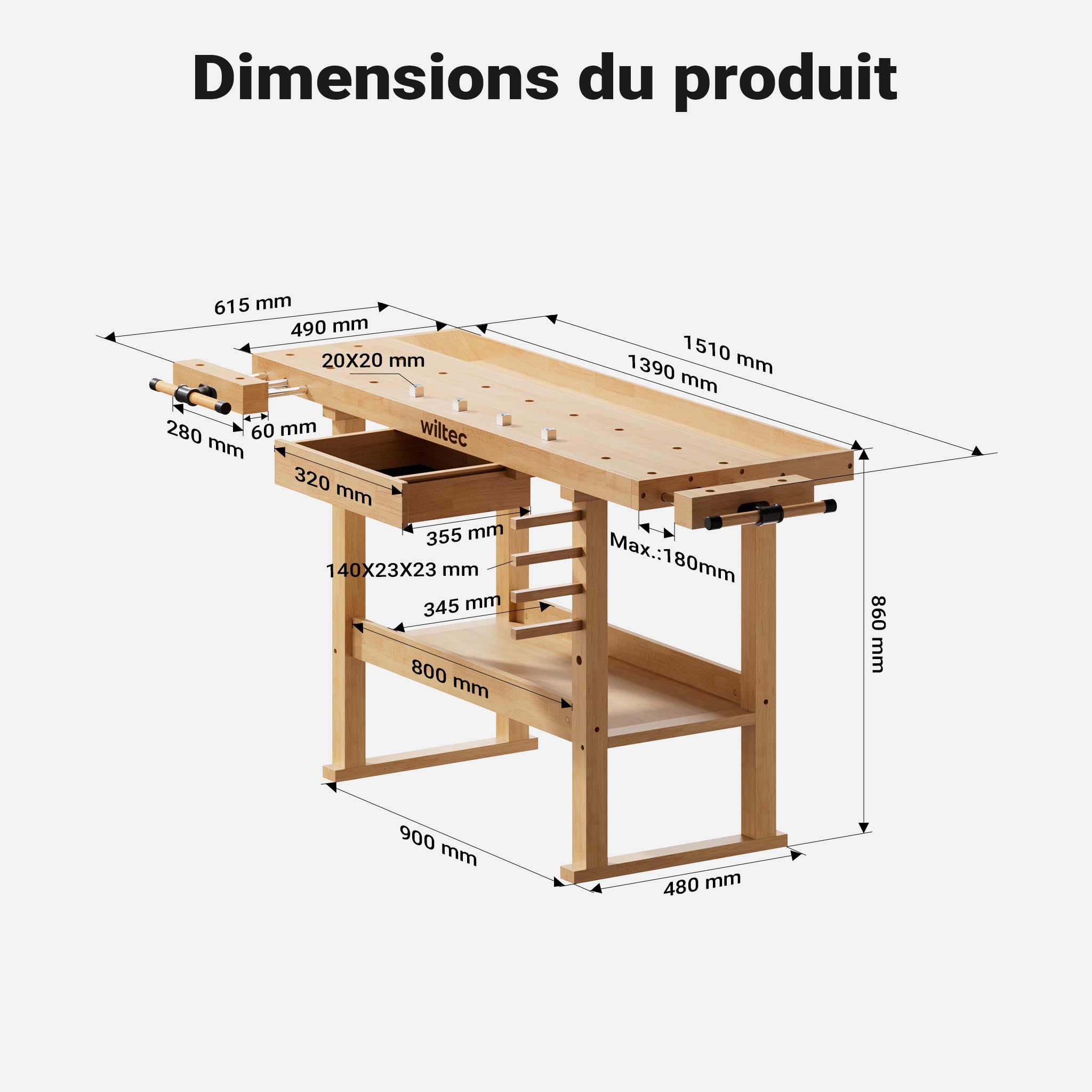 Wiltec Établi de Travail – en Hévéa/Rubberwood – 151 x 61,5 x 86 cm – avec Tiroir, Espace de Rangement, Pince et Crochet d’établi – pour aménagement, cousure – Banc de rabotage