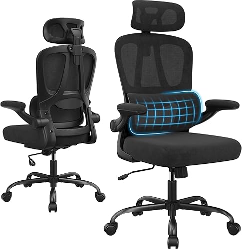 Ergonomic Office Chair with Headrest Lumbar Support High Back Mesh Desk Chair 350 LBS Heavy Duty Adjustable Swivel Chair with Flip-Up Armrests