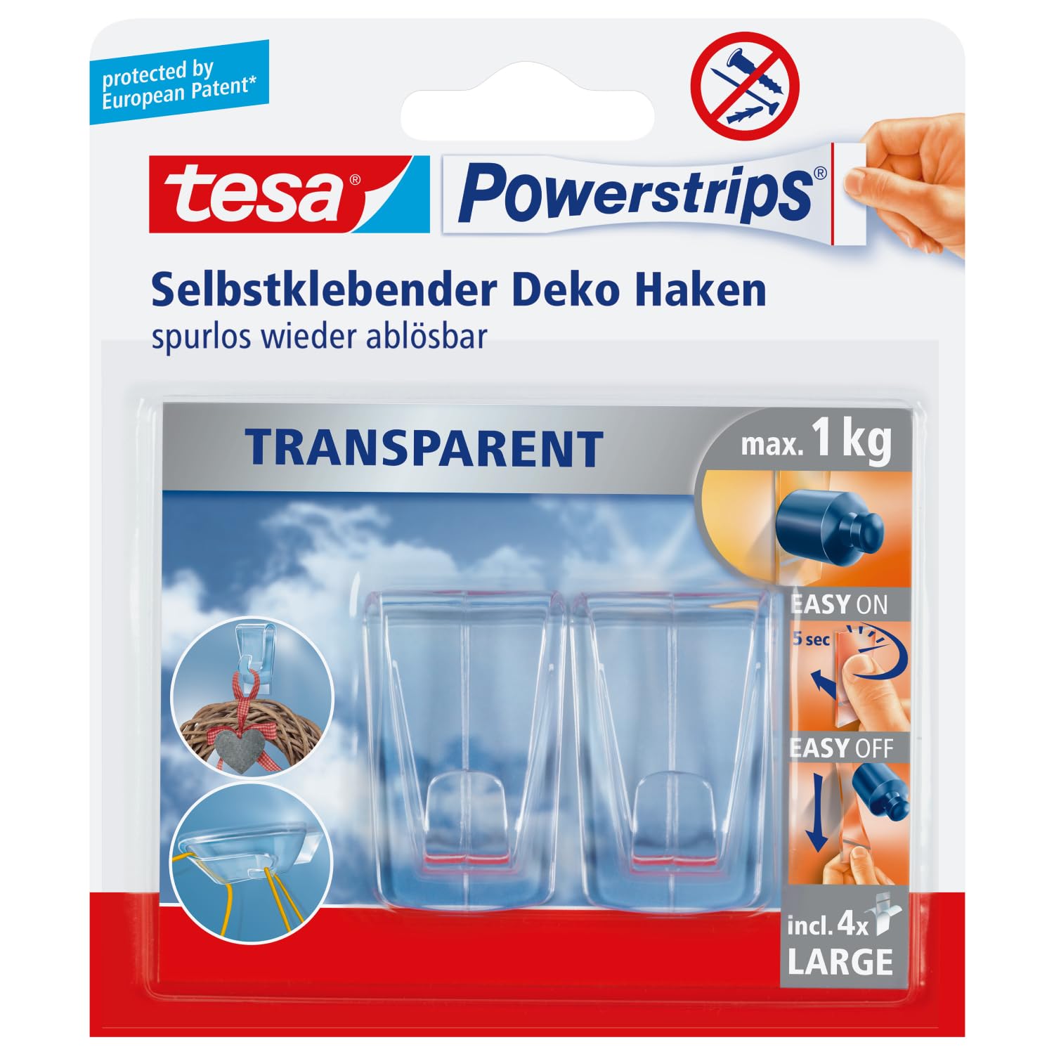 tesa Adhesive Hooks for Glass - Invisible Hanging Hooks for Mirrors and Transparent Surfaces - Holds up to 1 kg per Hook - Pack of 2 incl. 4 Adhesive Strips