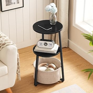 HOOBRO Round Side Table, 3 Tier Bedside Table with Storage Shelves, Accent Small Corner Table Compact Sofa Side Tables for Small Space in Living Room, Bedroom Black EBB169BZ01