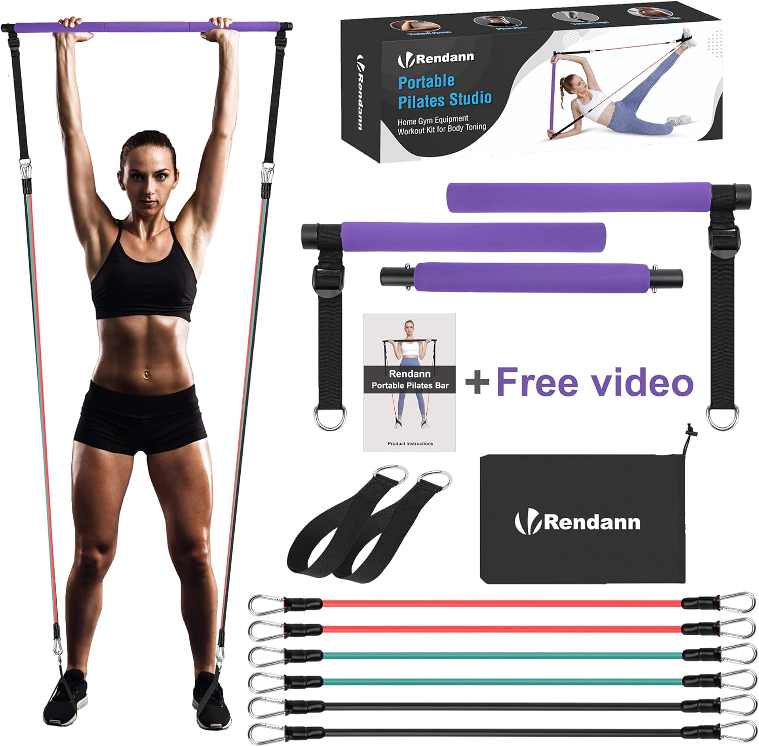 Portable Pilates Bar Exercise Kit with Fitness Video - Stackable 3 Pairs of Resistance Bands (15, 20, 30LB) - Home Gym Equipment for Men and Women, Workout Kit for Body Toning (Purple). : Sports & Outdoors