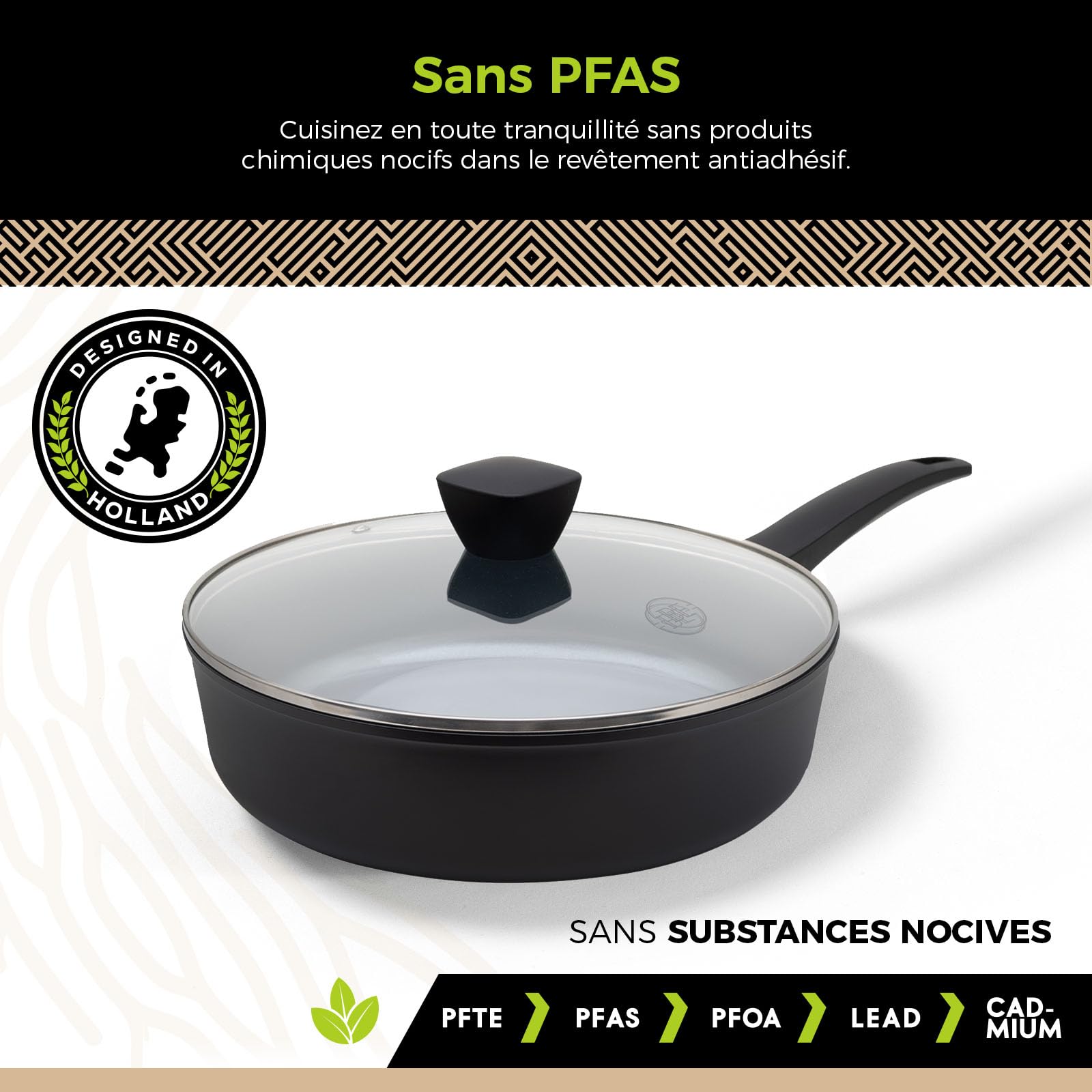 BE Living Poêle Sauteuse avec Couvercle - Ø 28 cm, Bord Haut, Revêtement Céramique Antiadhésif, Induction, Sans PTFE et PFOA, Noir