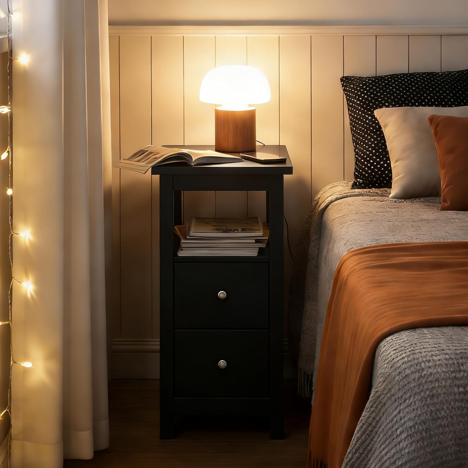 SUPER DEAL End Table with Drawers 3 Tier Narrow Side Table Wood Sofa Table for Living Room Bedroom Office Small Spaces, 23.6 x 24.1 inch, Black