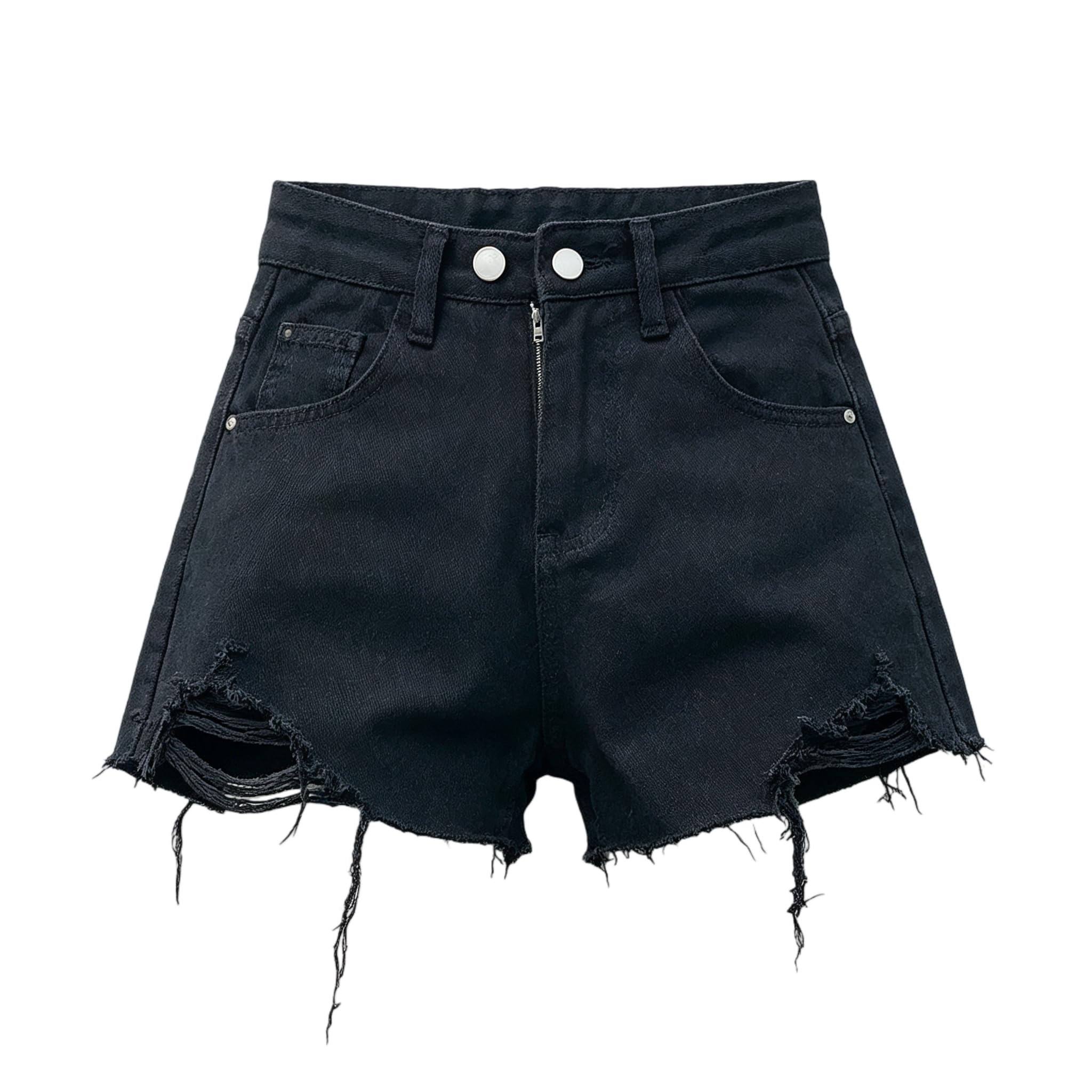 Shorts Jeans Donna Donne High Waist Denim Irregolare Frayed Raw Hem Distressed Punk A-Line Mini Hot Pants Estate-f02 Black-l
