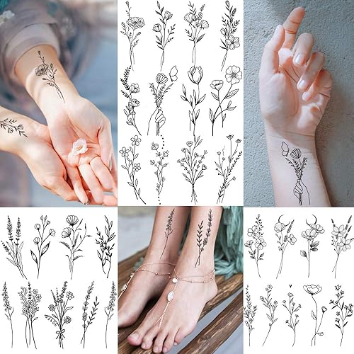 Miniatura 3 de FANRUI - 15 hojas de tatuajes temporales de flor negra para mujeres y niñas ramo floral pequeño tatuaje temporal planta silvestre lavanda guisante