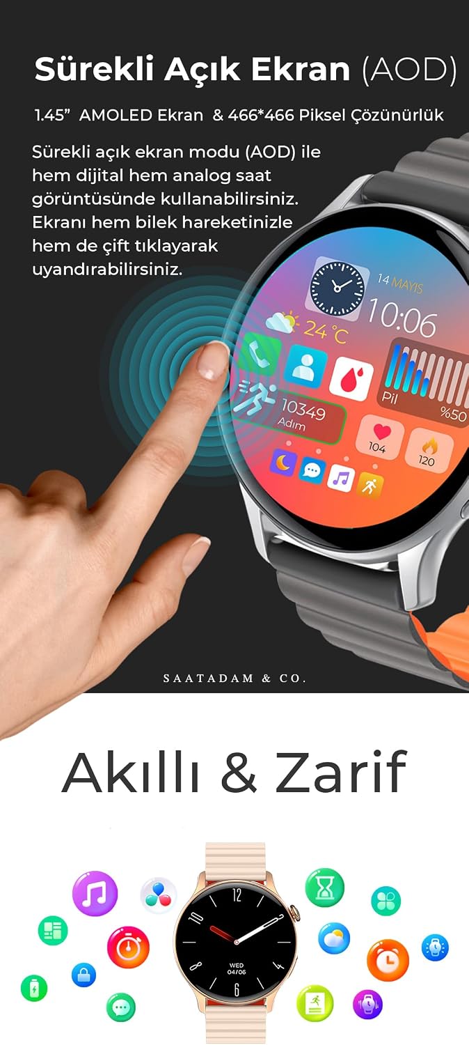Spovan AtlasX Mate Smartwatch displaying various app icons and health data on its AMOLED screen.