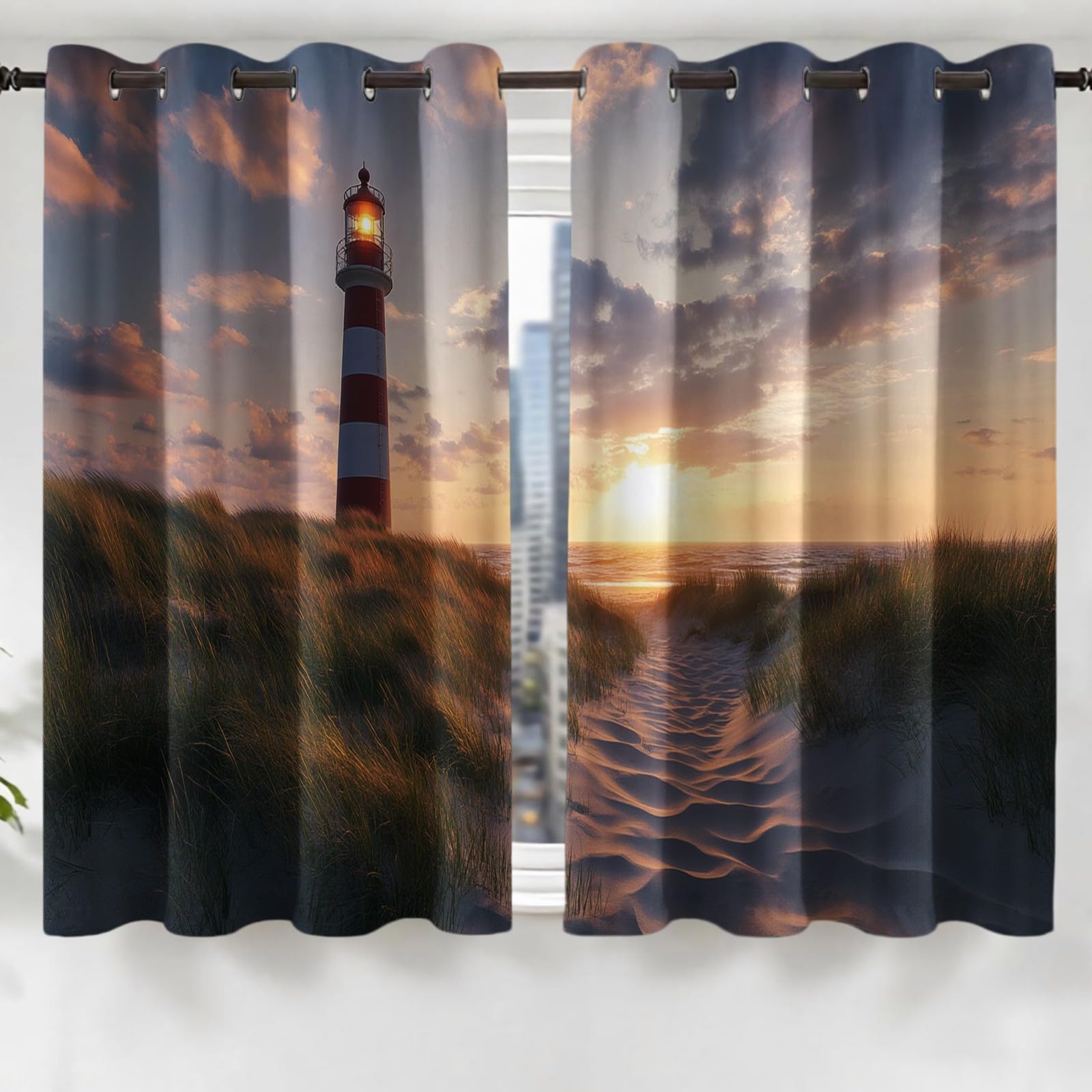 Tende Oscuranti con Tasca Passabastone, Faro della spiaggia Alghe Coppia di 2 Pannelli 140L x 200A cm