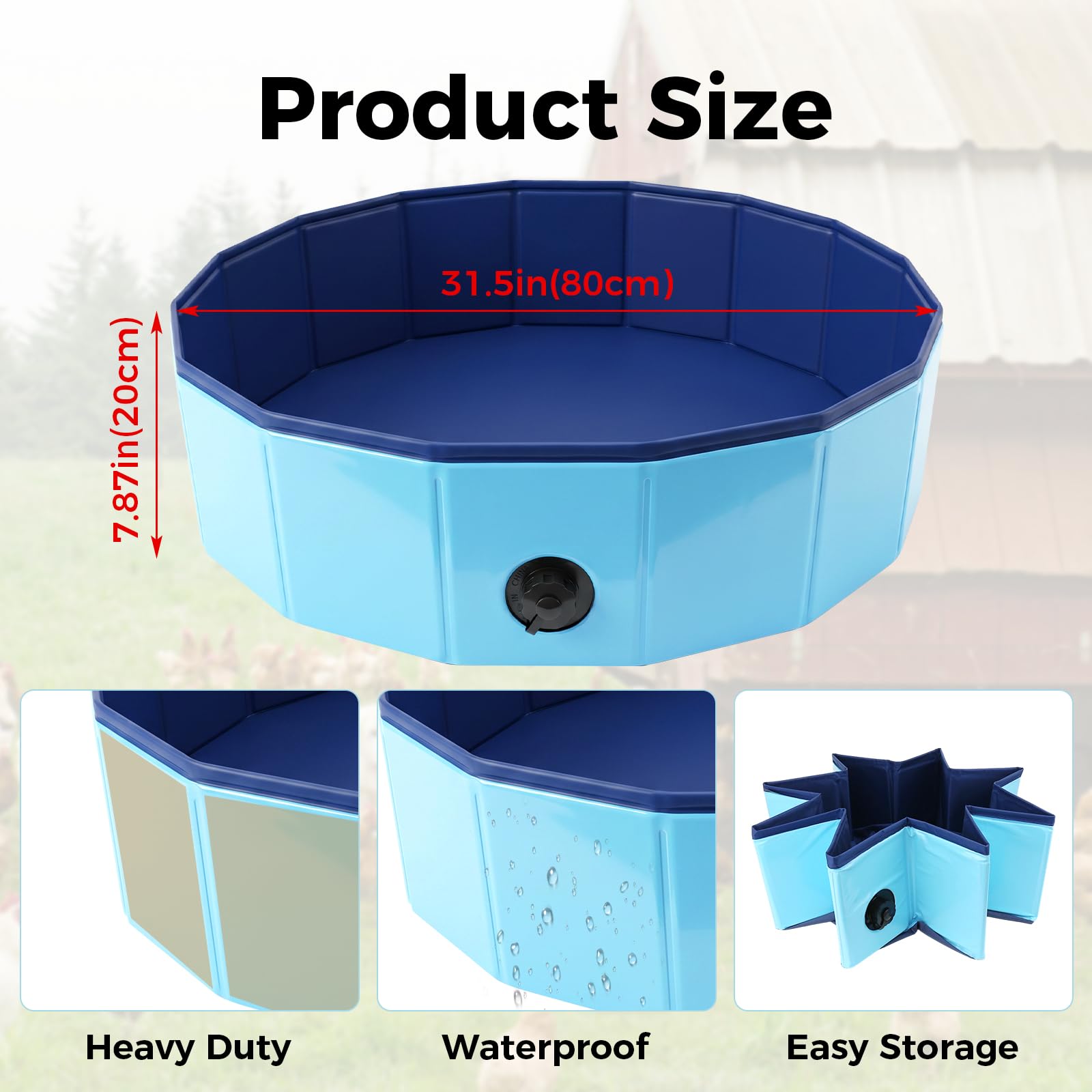 Sandbad Hühner, 80x20cm Faltbar Hühnerstaubbad aus PVC, Wasserdicht und Kaubeständig, Großes Staubbad für Hühner, Ideales Hühnerstall Zubehör für Geflügel (Blau)