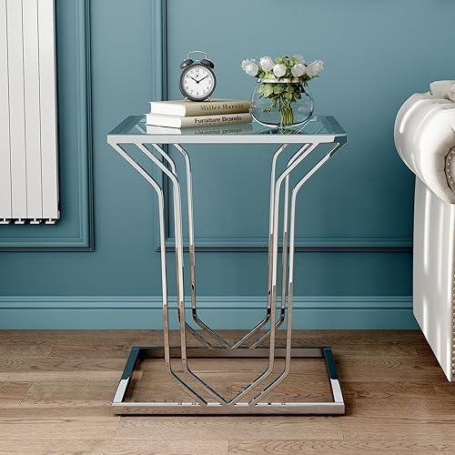 Miniatura 3 de ASYA Mesa auxiliar plateada, mesa auxiliar moderna con vidrio templado, mesita de noche cromada para espacios pequeños, sala de estar, dormitorio