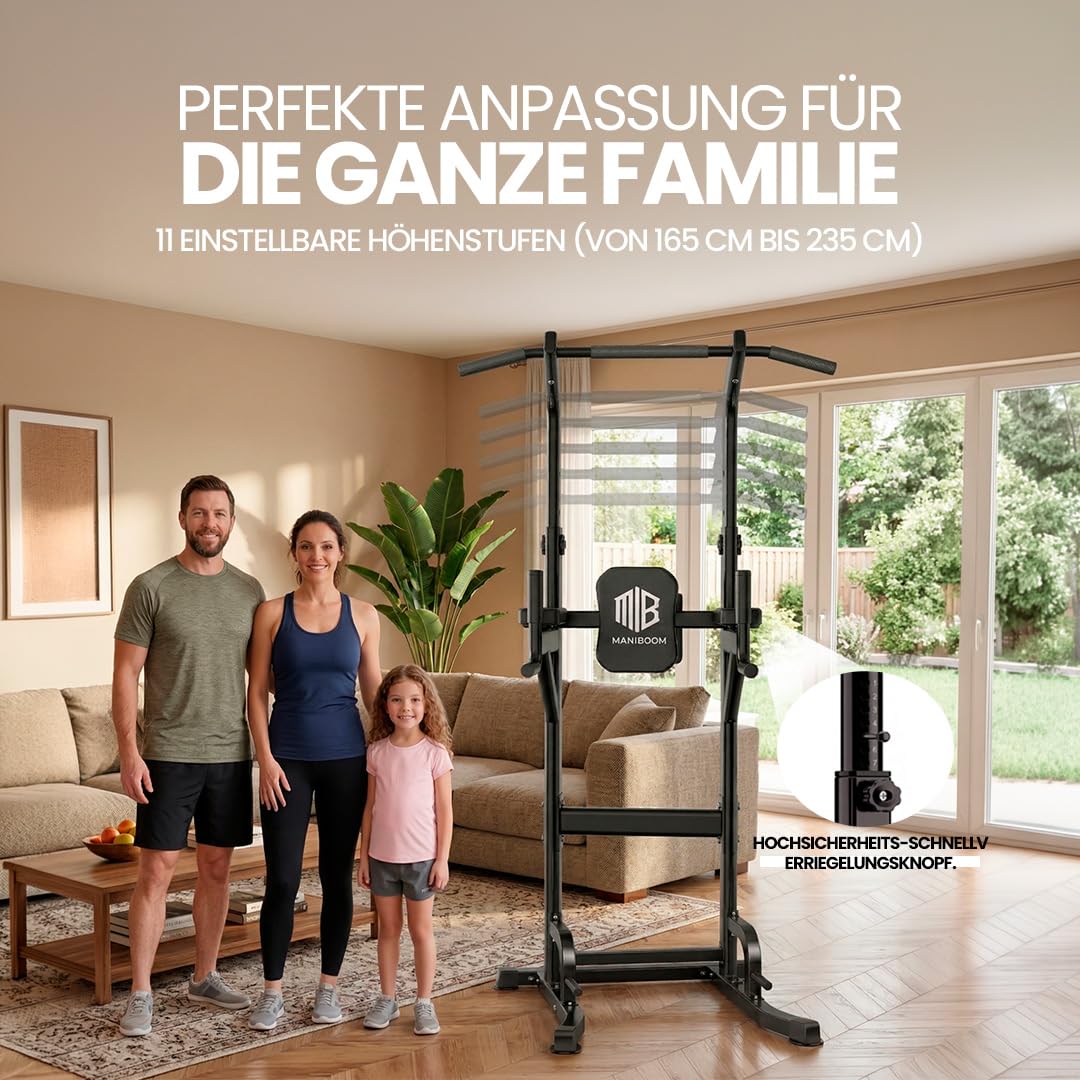 ManiBoom "FELSENFEST" Klimmzugstange freistehend (220 KG) - Höhenverstellbare Power Tower (165-235 cm) mit Anti-Kipp-Basis - Pull Up Station für Calisthenics, Dips & Bauchtraining Zuhause