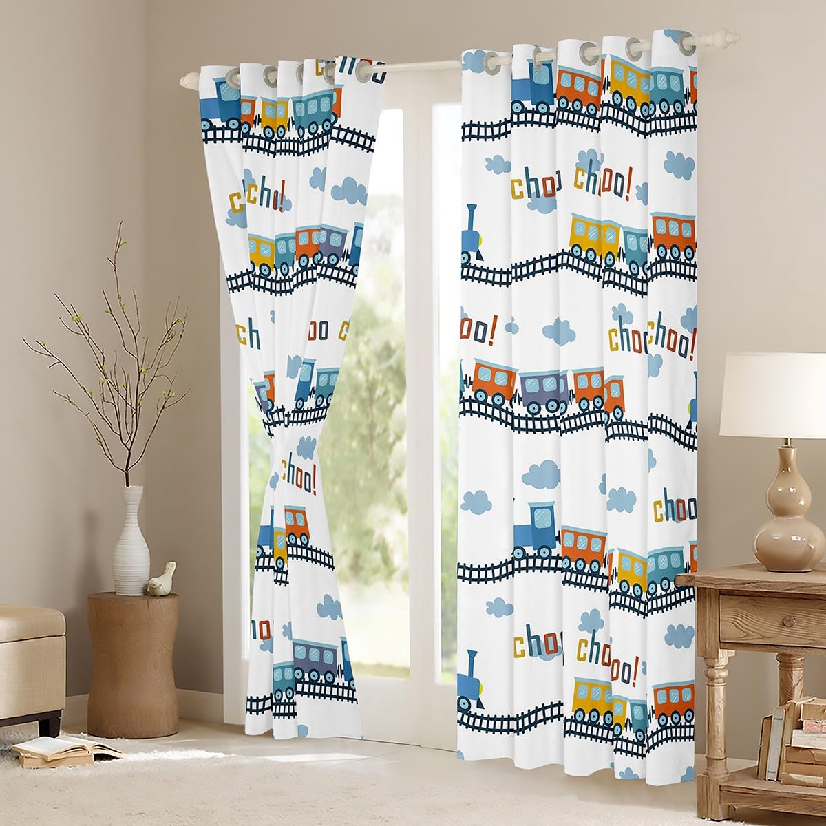 Bunte Zug Vorhänge Cartoon Auto Fenster Vorhang Blaue Zug Tracks Wolke Fenster Vorhänge Kinder Jungen Mädchen Teens Zimmer Dekor Transport Fahrzeuge Fenster Behandlung Vorhang,Top 2 Panel,L Größe